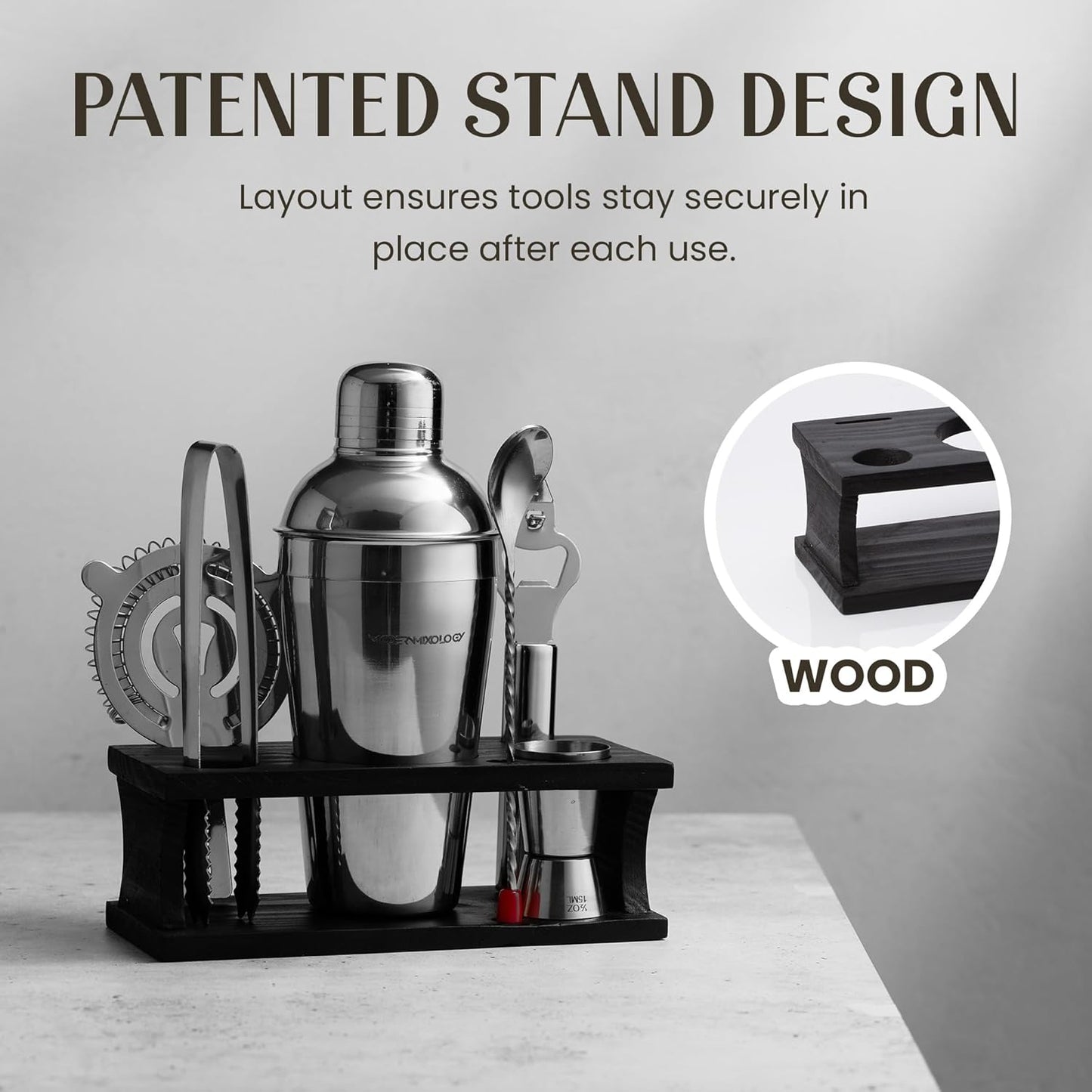 Modern Mixology Cocktail Shaker Set - Bartender Kit with Pine Stand | Leak-Proof Design | Includes Martini Shaker, Jigger, Strainer, Spoon, Tongs | Perfect Bar Tools Gift for Home Mixology (Silver)