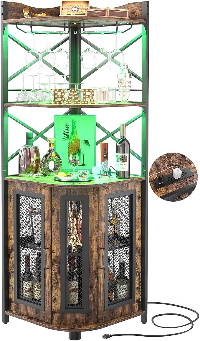Aheaplus Corner Bar Cabinet with Power Outlet, Industrial Liquor Cabinet - Rustic Brown
