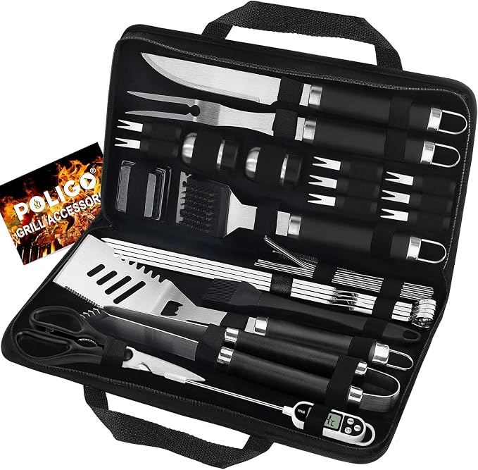 POLIGO 29 PCS BBQ Grill Accessories Stainless Steel BBQ Tools Grilling Tools Set with Storage Bag for Fathers Day Dads Birthday Presents - Camping Grill Utensils Set Ideal Grilling Gift for Men Silver - B0993G6PQB