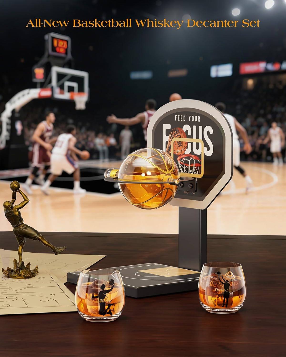 Kollea Basketball Whiskey Decanter Set with Black Court Stand & 2 Glasses, Stylish Liquor Decanter Gift for Men, Dad, Brother, Husband, Sports Lover - Birthday, Anniversary, Christmas, Retirement Gift