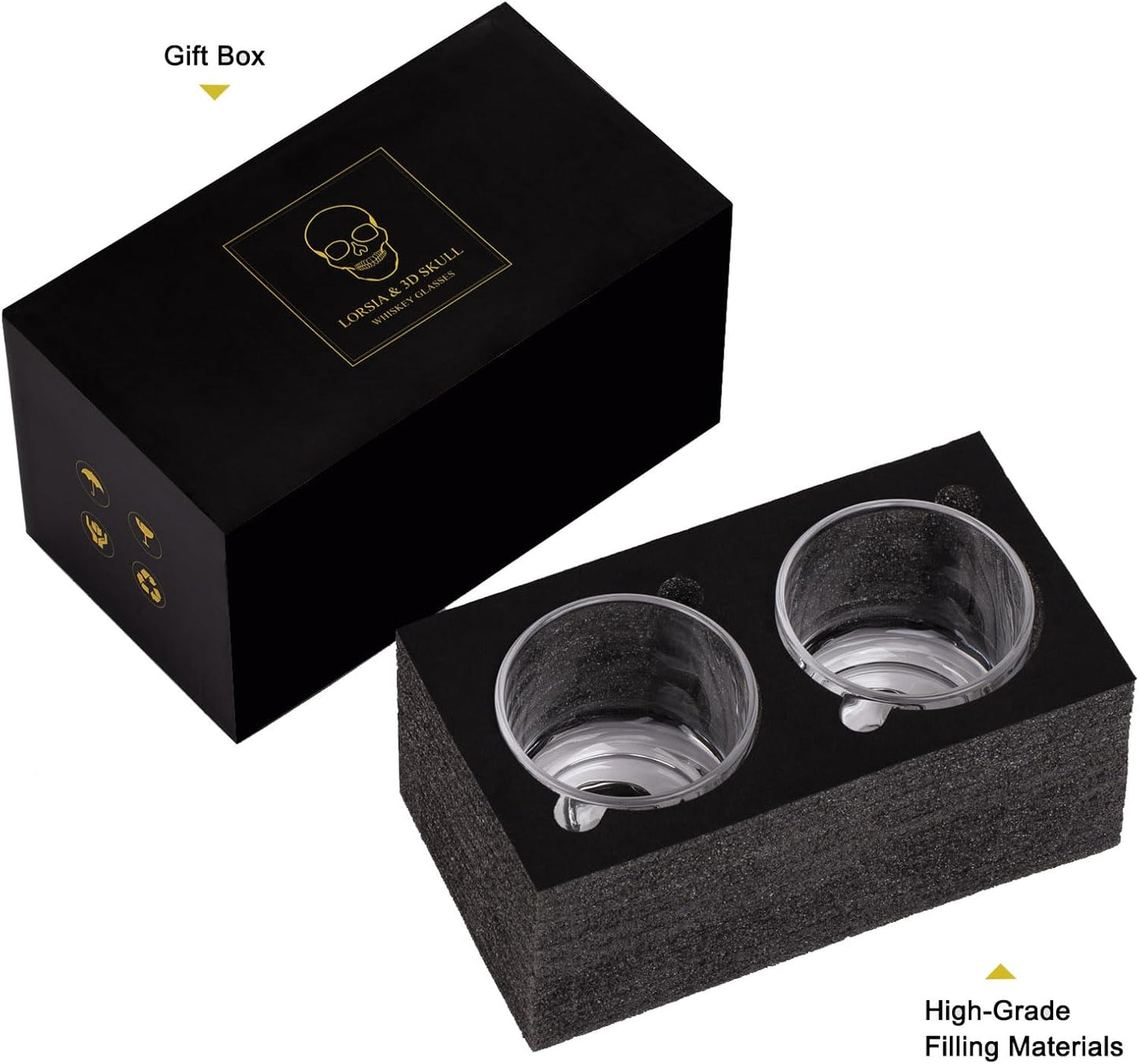 Hand Blown Crystal Skull Whiskey Glasses, Set of 2 Bourbon Glasses In Gift Box - 10 Oz Old Fashioned Glasses for Scotch, Cocktail, Rum - Perfect Gifts for Halloween, Christmas, Thanksgiving for Men | Hand Blown, Bourbon Glasses, In Gift Box, for Scotch, C