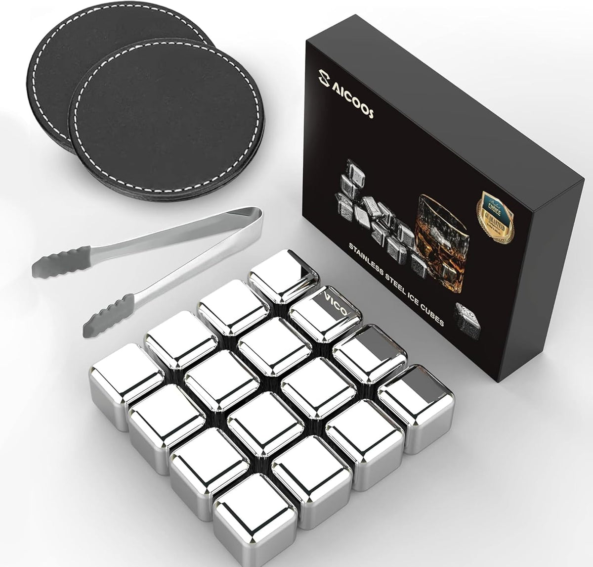 16 Pack Reusable Stainless Steel Ice Cubes for Drinks - Metal Whiskey Stones, High Cooling Technology, for Whiskey, Vodka, Liqueurs, Wine, Beverage Juice or Soda, Pack of 16 - 16 Pack