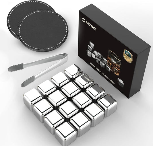 16 Pack Reusable Stainless Steel Ice Cubes for Drinks - Metal Whiskey Stones, High Cooling Technology, for Whiskey, Vodka, Liqueurs, Wine, Beverage Juice or Soda, Pack of 16 - 16 Pack