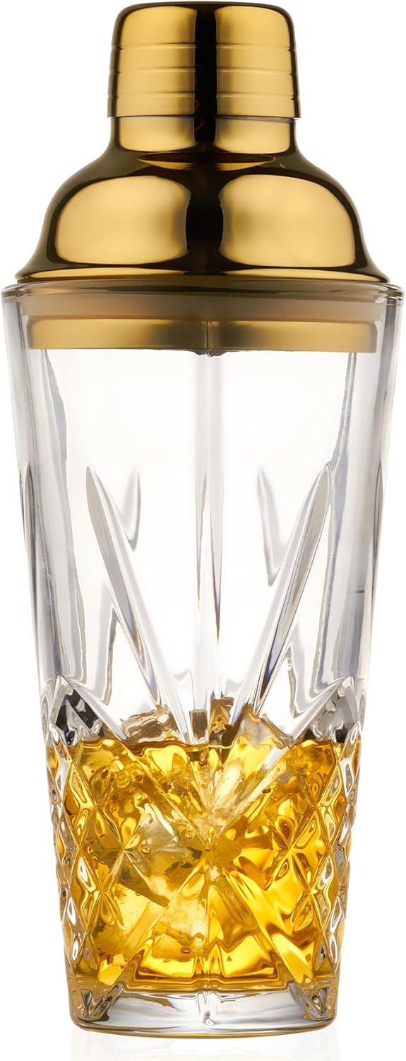15oz Gold Lid Crystal Cocktail Shaker, Lead-Free Glass with #304 Steel Strainer, Leak-Proof Barware for Home Bartenders