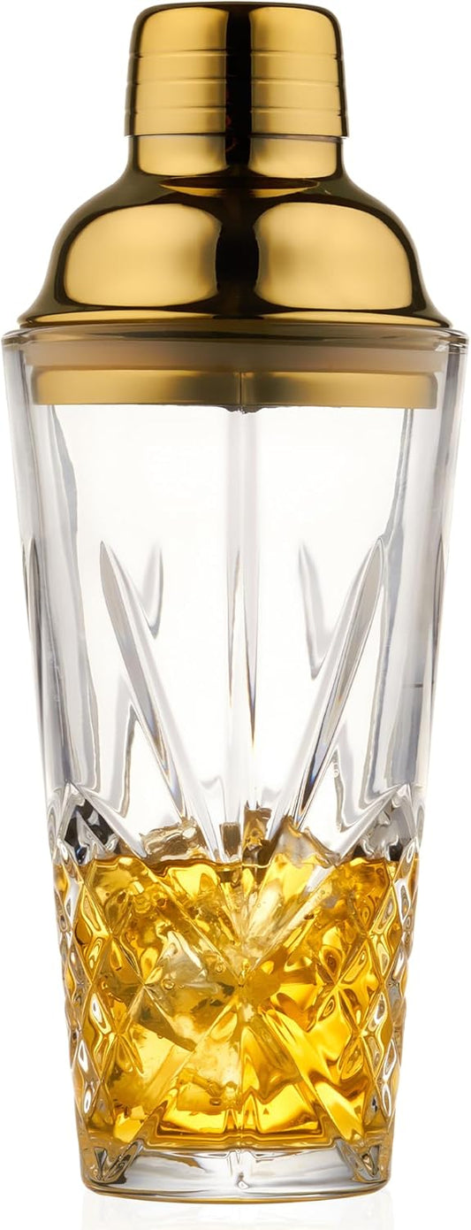 15oz Gold Lid Crystal Cocktail Shaker, Lead-Free Glass with #304 Steel Strainer, Leak-Proof Barware for Home Bartenders