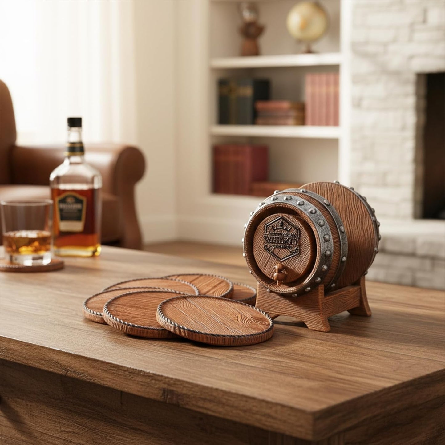 Whiskey Barrel Coasters Set 6 Full Size Non-Slip Cabin Decor Bar Coasters, Indoor Christmas Decorations, Man Cave Gifts for Men and Whiskey Lovers, Rustic Handmade Cup Coaster for The Home