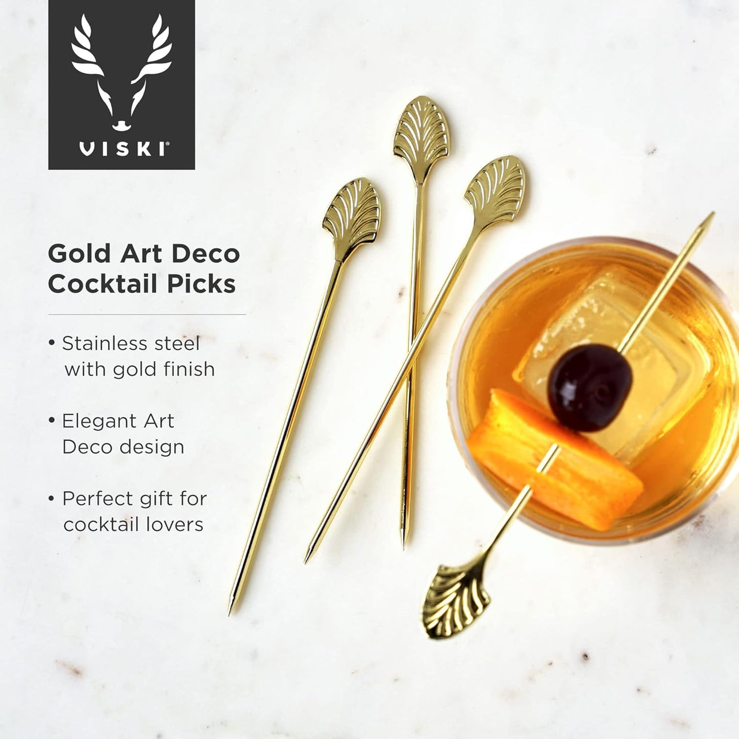 Viski Gold Art Deco Cocktail Picks, Stainless Steel Cocktail Picks for Drinks, Garnish Picks, Cocktail Skewers, Barware Accessories, 5in, Set of 4