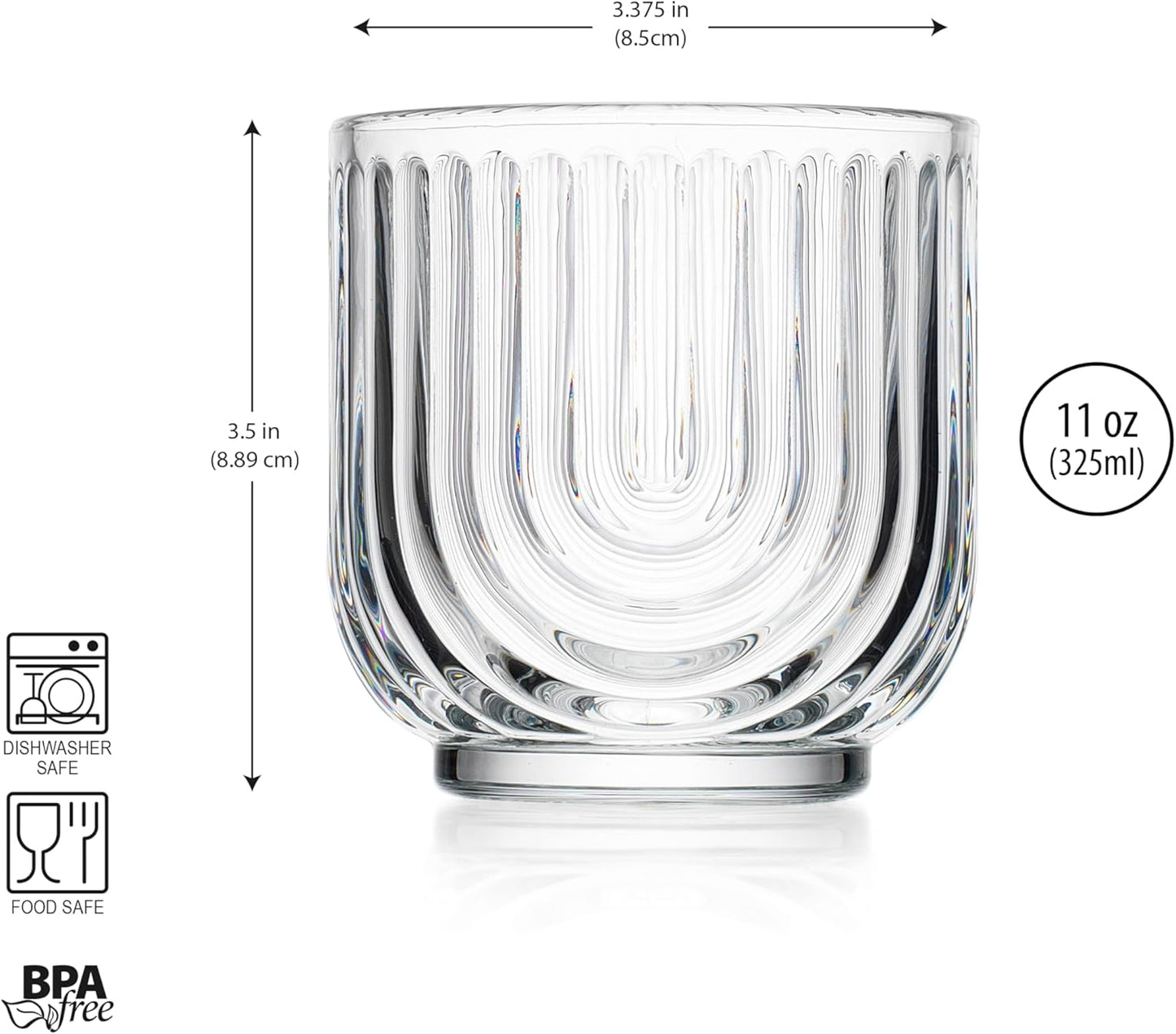 Glaver's Vintage Glassware Art Deco Glasse Ribbed Drinking Glasses U-Shape Arch Design Colored Cocktail Kitchen Tumblers Everyday Dinner Decorative Party (Clear S/4 11oz)