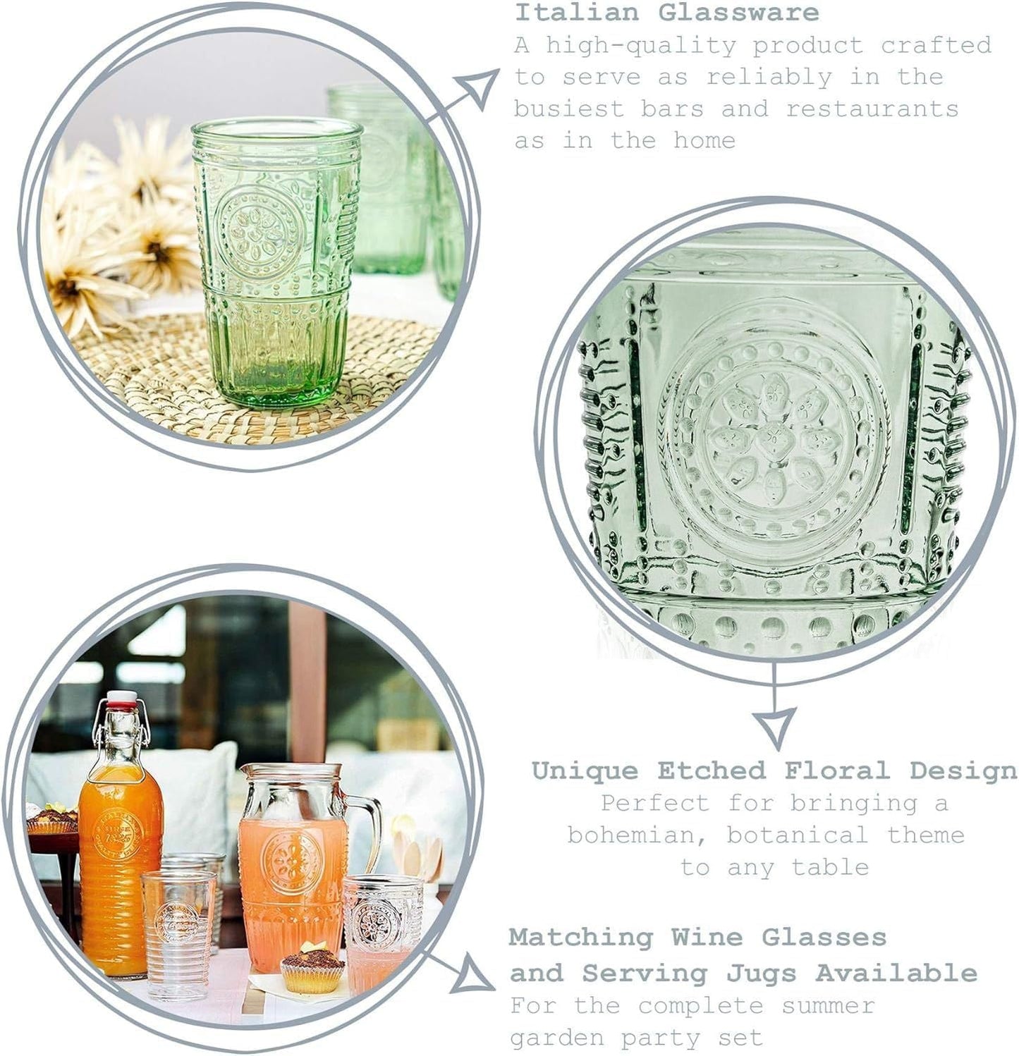 Bormioli Rocco Romantic Set Of 4 Cooler Glasses, 16 Oz. Colored Crystal Glass, Pastel Green, Made In Italy.