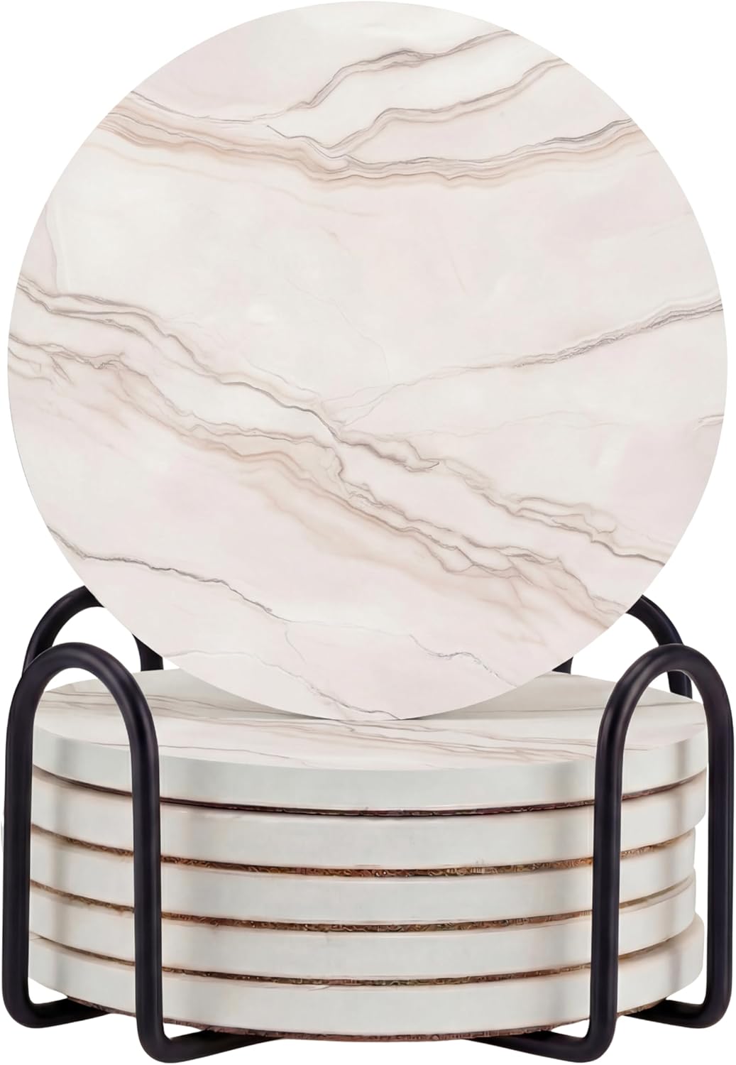 VEYRO Ceramic Coasters Set of 6 – Absorbent Stone Drink Coasters with Holder, Non-Slip Cork Backing, Modern Marble Look Coasters for Coffee Table, Desk & Home Decor
