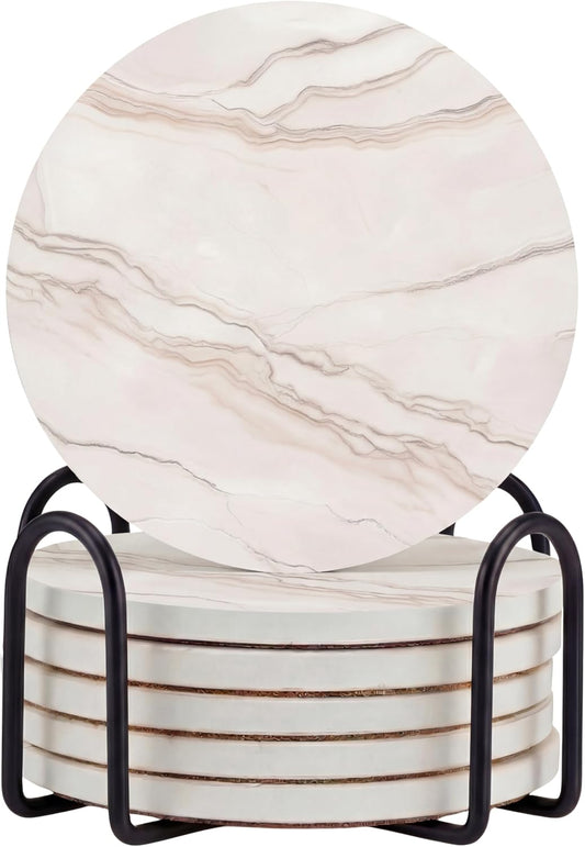 VEYRO Ceramic Coasters Set of 6 – Absorbent Stone Drink Coasters with Holder, Non-Slip Cork Backing, Modern Marble Look Coasters for Coffee Table, Desk & Home Decor