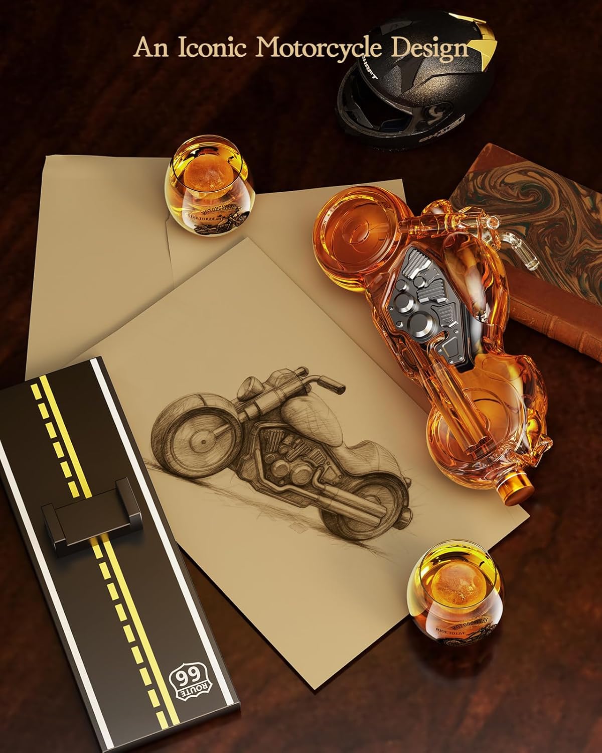 Kollea Birthday Gifts for Men Dad, Motorcycle Whiskey Decanter Set with 2 Glasses, Liquor Dispenser for Home Bar, Unique Gift for Him, Father, Boyfriend, Anniversary, Biker & Motor Lover, Christmas