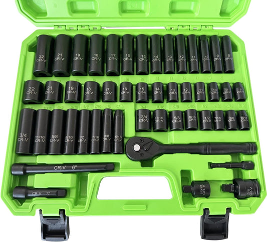 3/8" Drive Socket Set 50-Piece, SAE (5/16-3/4") & Metric (8-22mm), Deep & Shallow Impact Socket Set with Case, 6 Points, Premium CR-V, Extension Bars, Universal Joint & Power Drill, Gift for Men