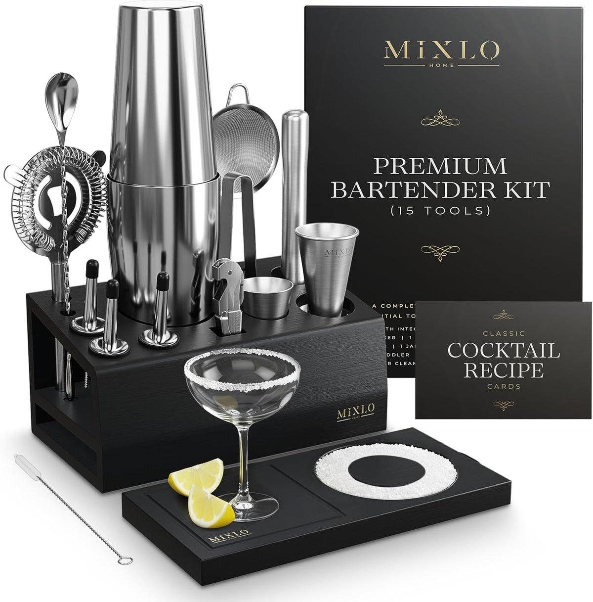Mixology Bartender Kit -15Pcs Bar Set Cocktail Shaker Set w Black Bar Cart Accessories Stand - Shakers Bartending Silver Tools, 24oz Shaker, 17 Recipe Cards, Martini Barware - 15 Tools - Silver