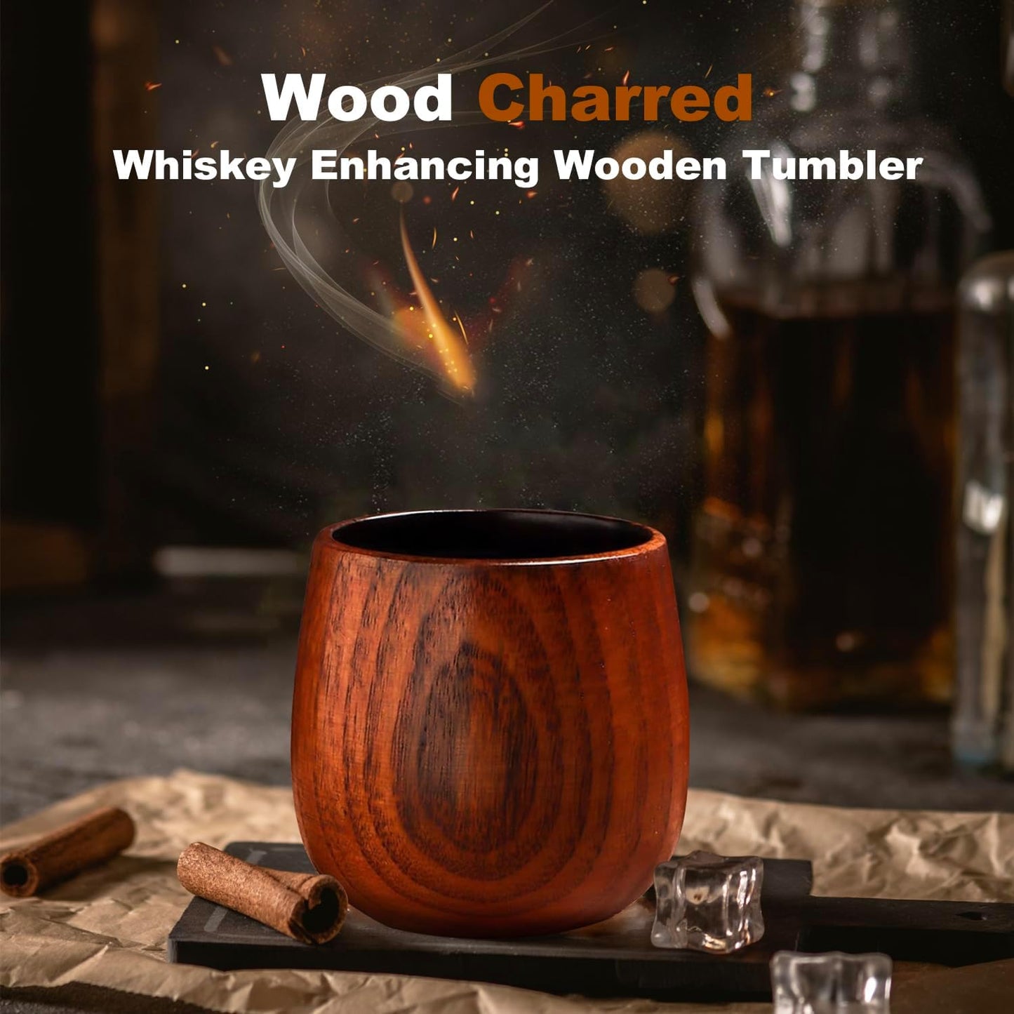 2 Pack Charred Wooden Whiskey Glasses – Bourbon Tumblers for Men with Burnt Interior – Old Fashioned Cocktail Cups – Gifts for Men, Husband, Dad, Boy Friend, Brother, or Whiskey Lovers