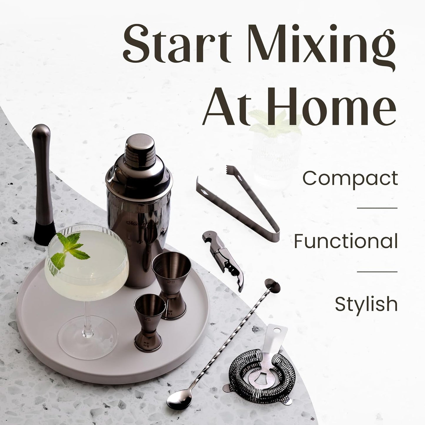 Mixology & Craft Rustic Cocktail Shaker Set – Includes Wood Stand, Complete Barware Kit with 24 Oz Shaker, Dual Jiggers, Pourers, Muddler, Strainer – Perfect for Home Bartenders (Gun-Metal Black)