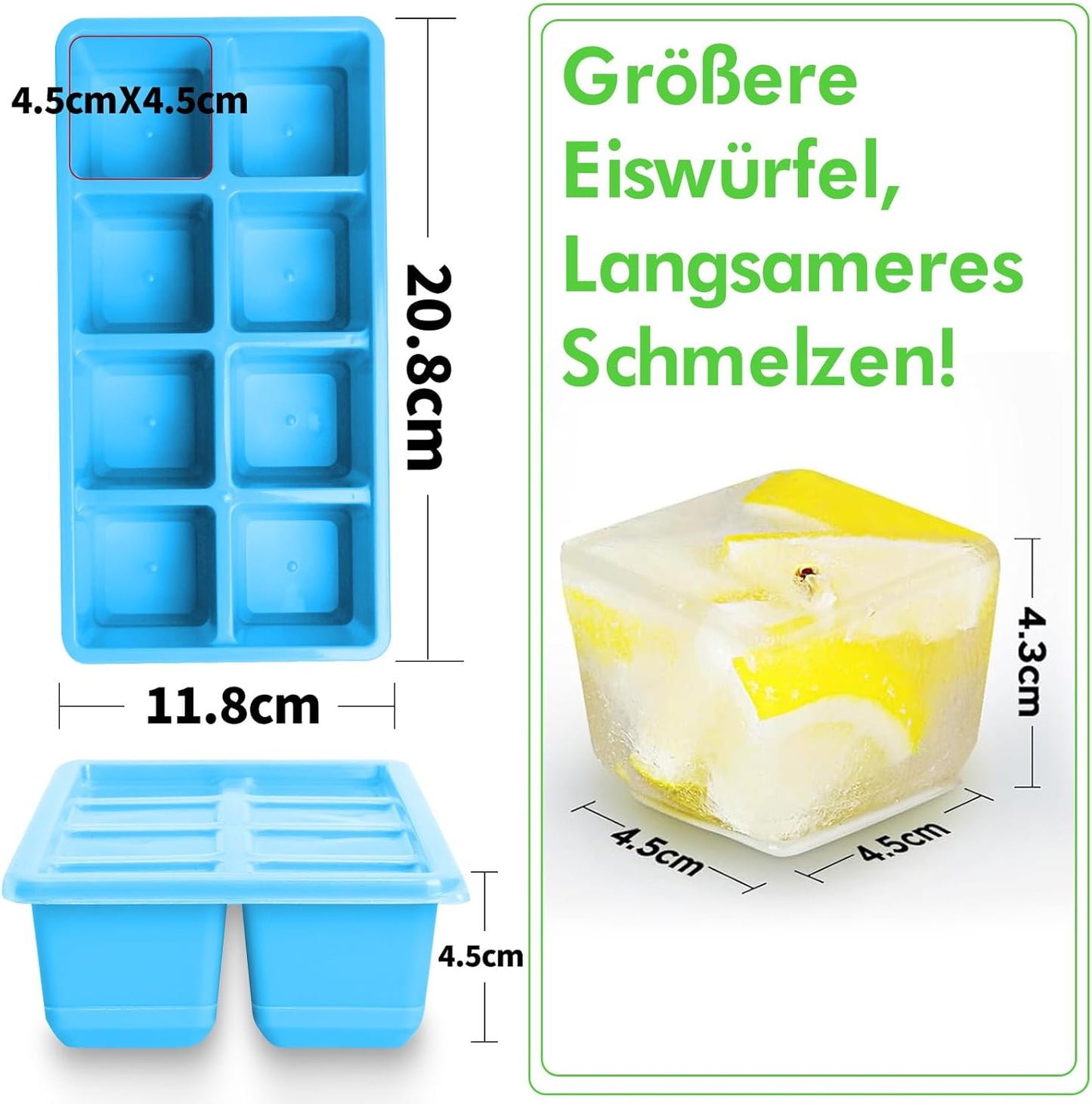 Large Ice Cube Molds 2 Pack, FURNSII Silicone Ice Cube Tray for Freezer with Lid, 8 Giant Square Cubes, Easy Release Stackable Ice Molds for Whisky Cocktails (Pink)