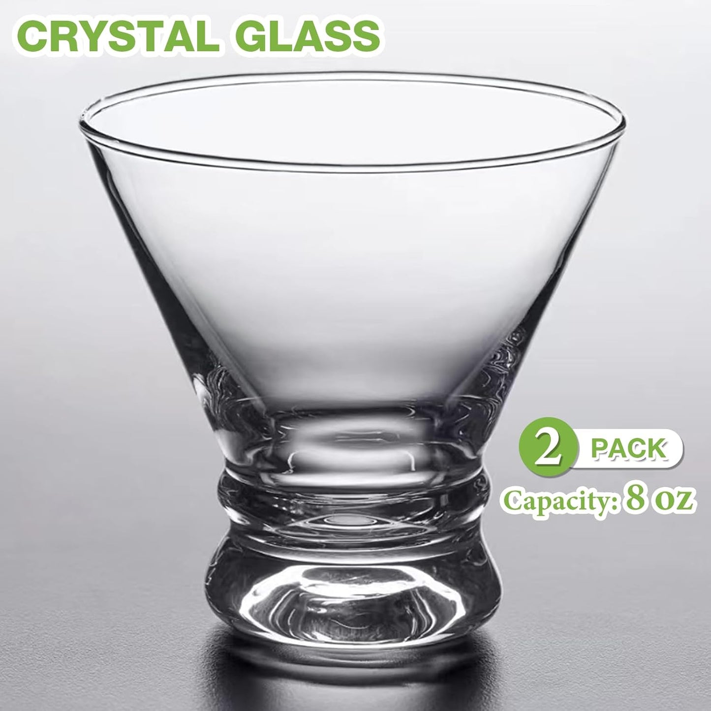 Gencywe 2 Pack Martini Glasses, 8 Ounce Crystal Cocktail Glasses, Martini Drinking Glasses, Hand Blown Stemless Cocktail Glassware for Bar, Martini, Cosmopolitan, Manhattan, Gimlet, Pisco Sour, Brandy