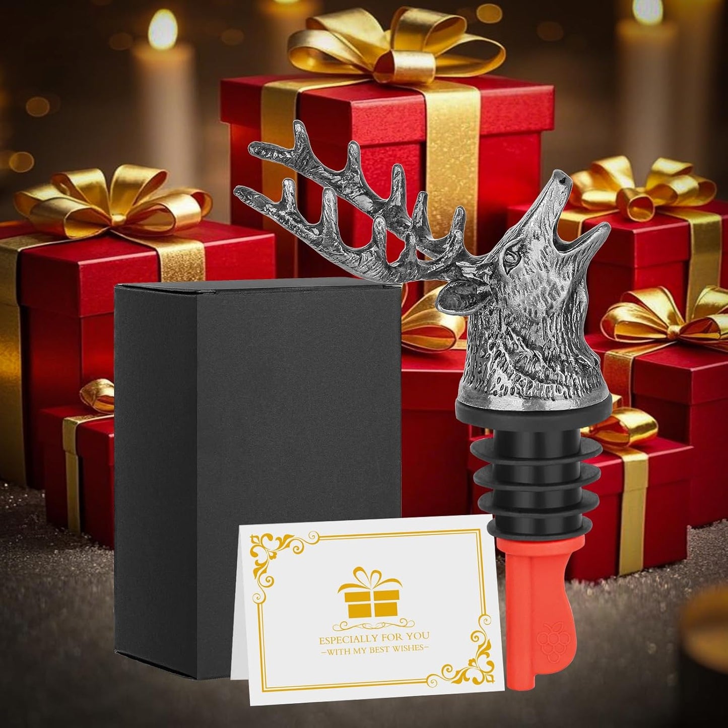 Deer Head Liquor Pourers Spout, Deer Wine Bottle Pourer and Stopper for Wine Spirits, Stag Gifts Birthday Gifts Hunting Gifts for Hunters Men Women, Silver