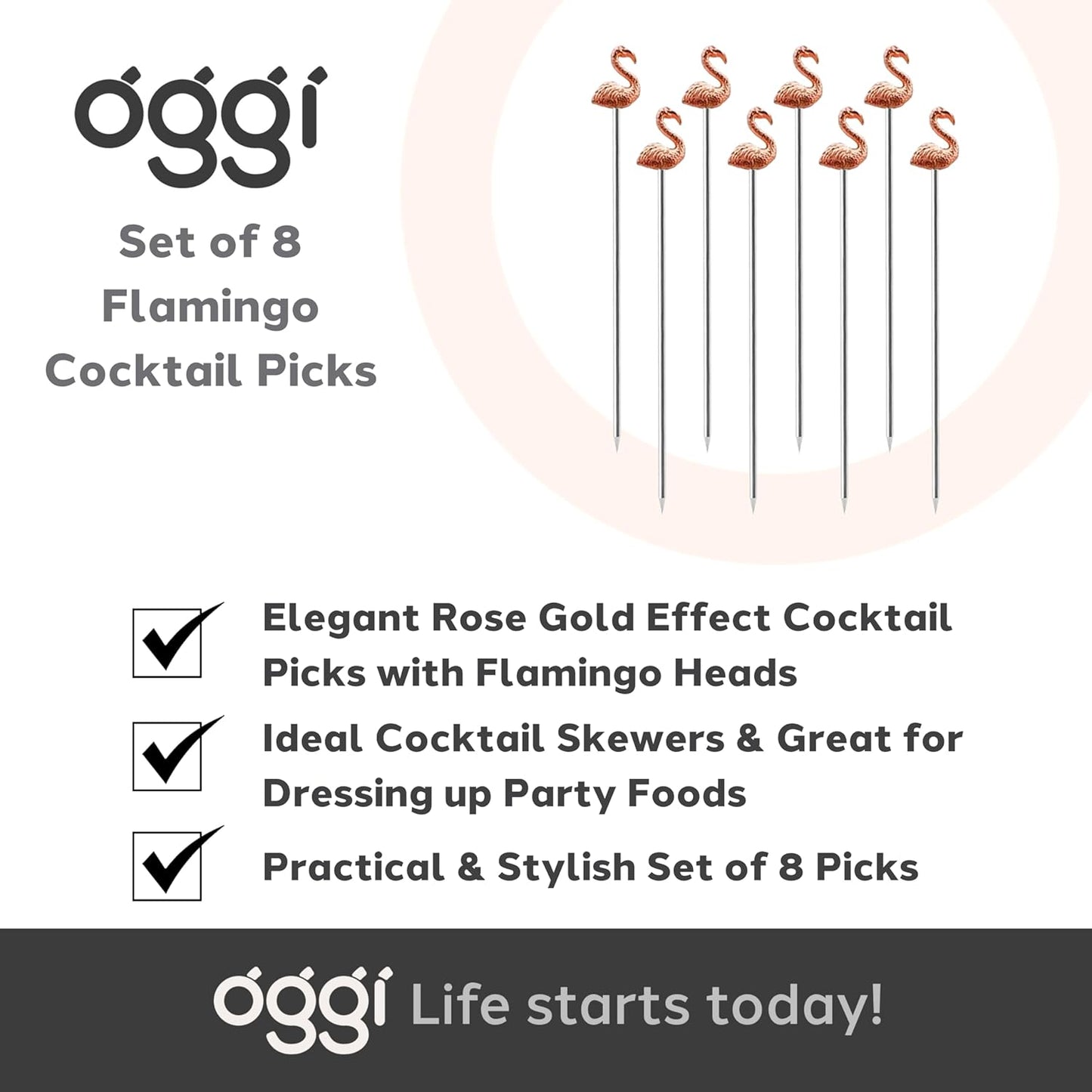 OGGI Flamingo Metal Cocktail Picks Stick 8 pcs - Martini Picks, Reusable Rose Gold Metal Cocktail Skewers, Martini Sticks for Olives, Appetizers, Tiki, Luau, 4.5" / 11.5cm