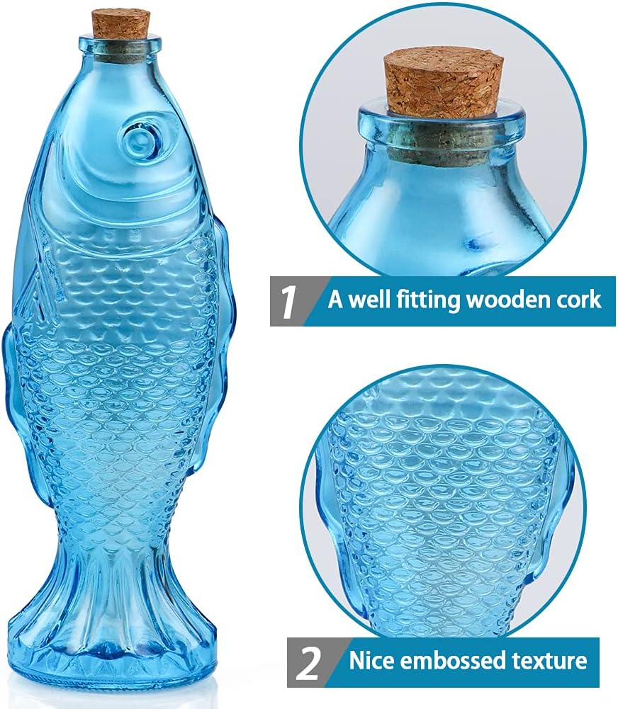 MDLUU 3-Pack Fish Shaped Glass Bottles, Decorative Bottles with Cork Stopper, Fish Decanters for Gift, Bar, Home Decor, Capacity 500ml/17.5oz (Blue)