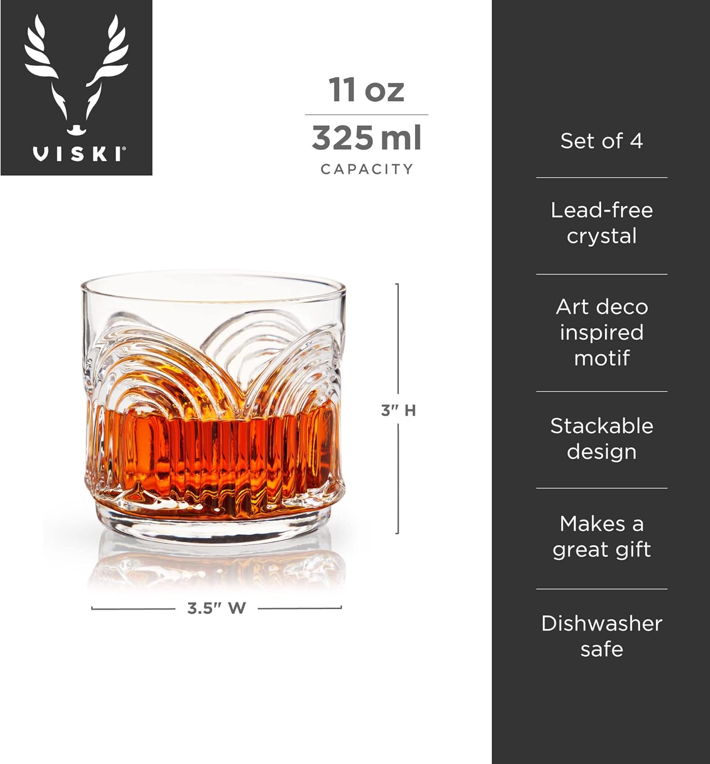 Viski Beau Lowball Tumblers Set of 4, Vintage Crystal Whiskey Glasses for Old Fashioneds, Scotch & Bourbon, Art Deco Cocktail Glasses with Arch Design for Home Bar, Birthday Gifts for Men, 11 oz