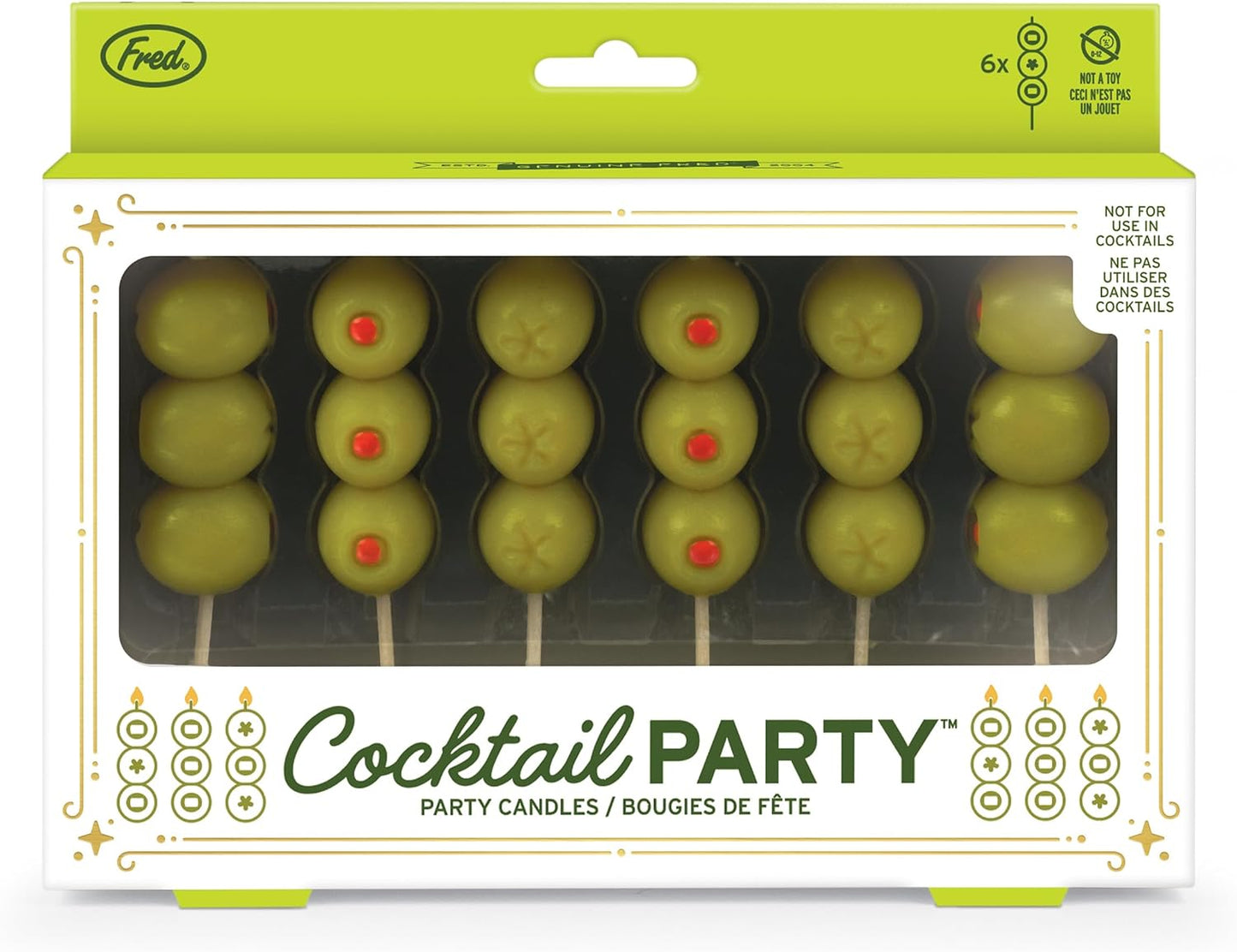 Genuine Fred Cocktail Party Olive Birthday Candles – Set of 6 Martini Olive Celebration Candles with Wooden Picks – Fun Decoration for Parties, Birthdays, and Happy Hour