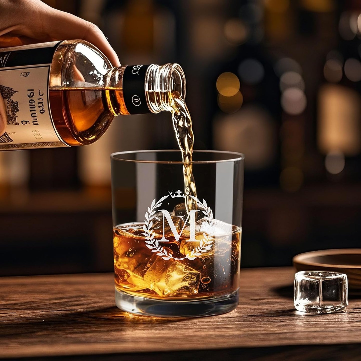 Astonlink Personalized Whiskey Glasses Gifts for Men, Monogrammed Engraved A-Z 10.6 oz Rocks Glass Customized Gift, Unique Fathers Day Birthday Gifts for Men Him Dad Husband Brother Son (M)