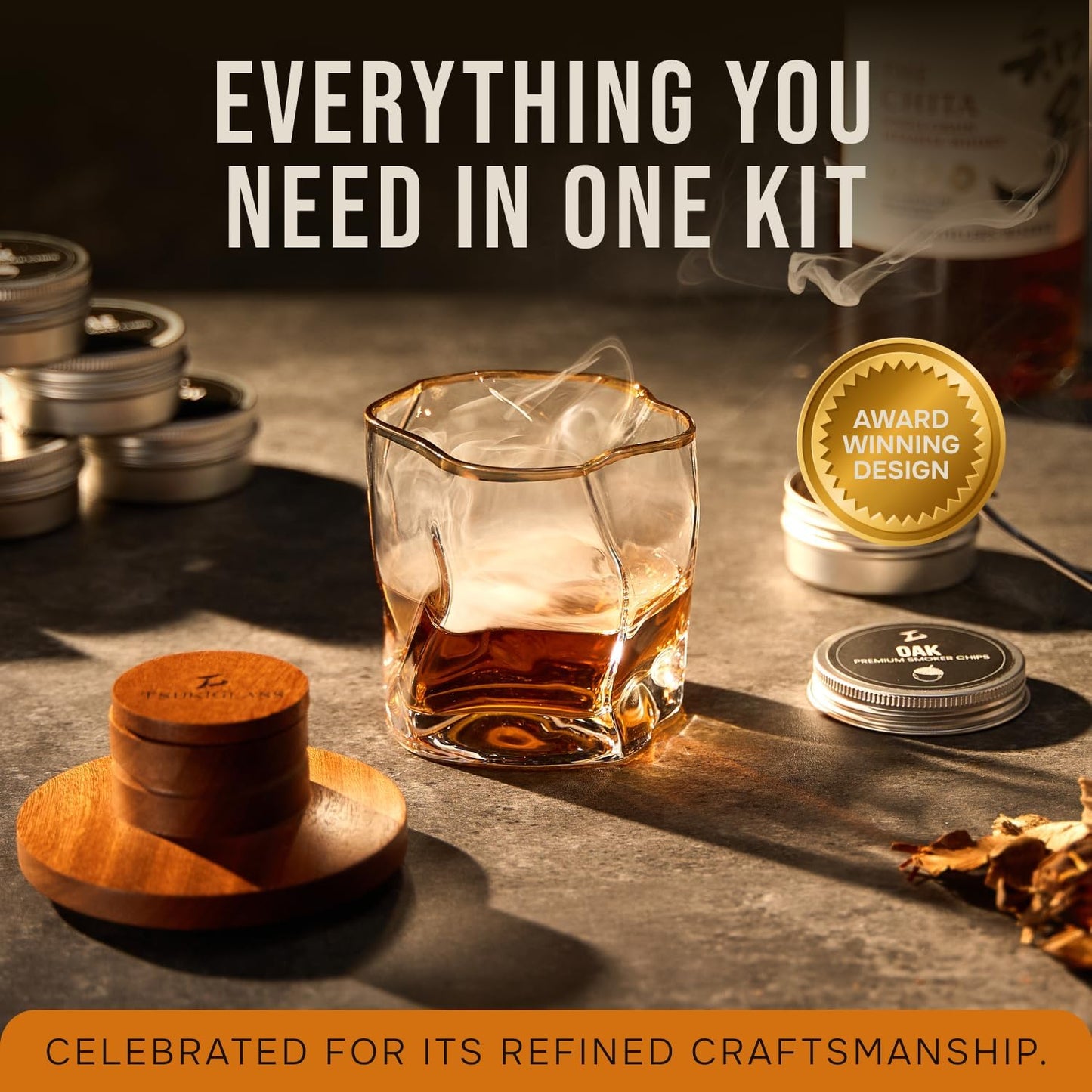 TSUKIGLASS® Premium Japanese Whisky Smoker Kit with Torch - 8 Wood Chip Flavors (200+ Drinks), Sapele Wood Top, Cocktail Infuser for Old Fashioned & Bourbon, Luxury Gift for Men, Dad (No Butane)