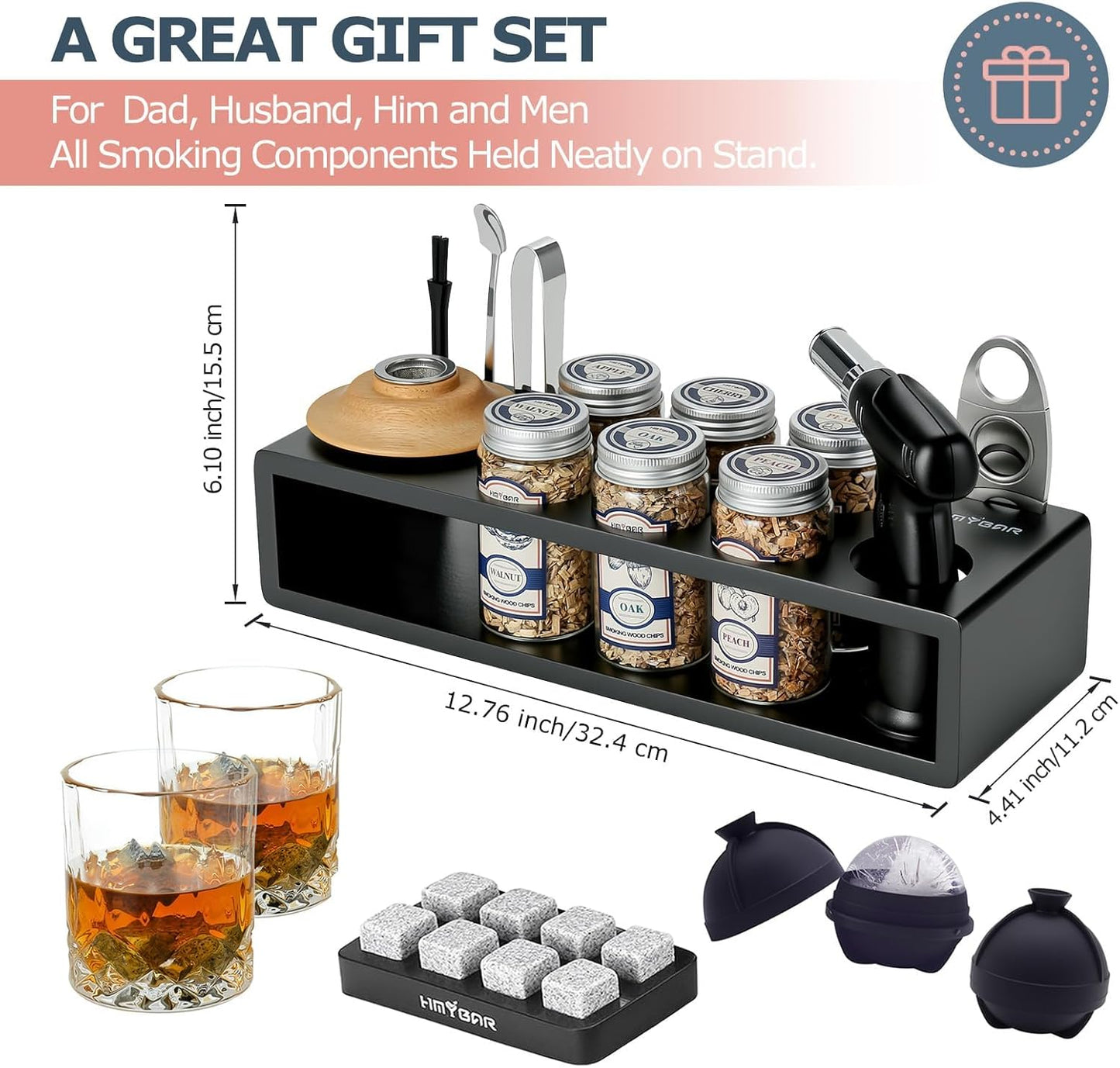 HMYBAR®26pcs Whiskey Smoker Kit with Torch | Cocktail Smoker Infuser Kit | Old Fashioned Drink Smoker Kit | Bourbon Whiskey Gift. Great Gift for Dad, Husband. Bamb Stand Black Color. (No Butane)