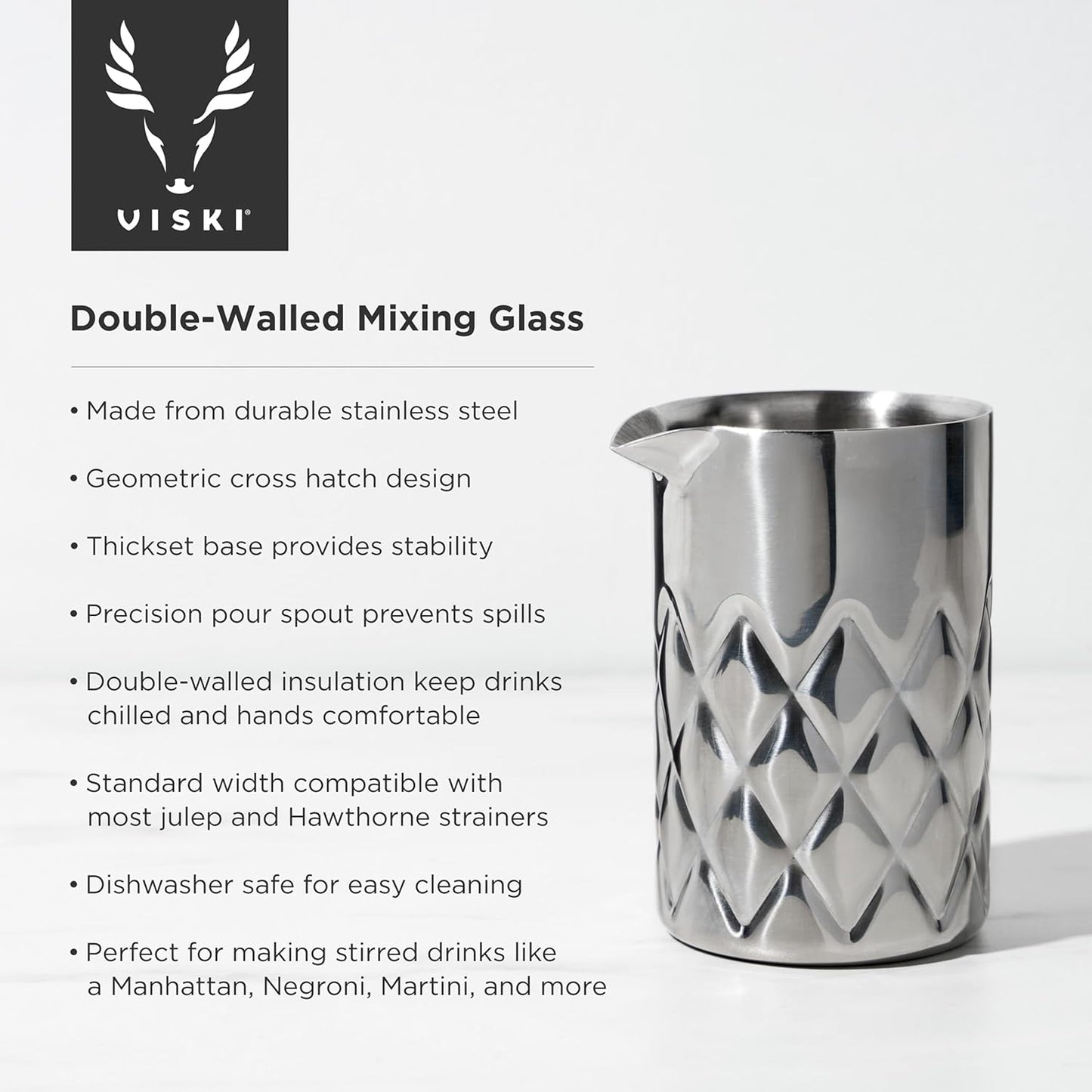 Viski Double Walled Stainless Steel Cocktail Mixing Glass, for Stirring Martinis, Negronis, and More, Ideal for Home Bars, Cocktail Parties, Hosting Occasions, or Gifting, 18.6 oz (550 ml), Set of 1
