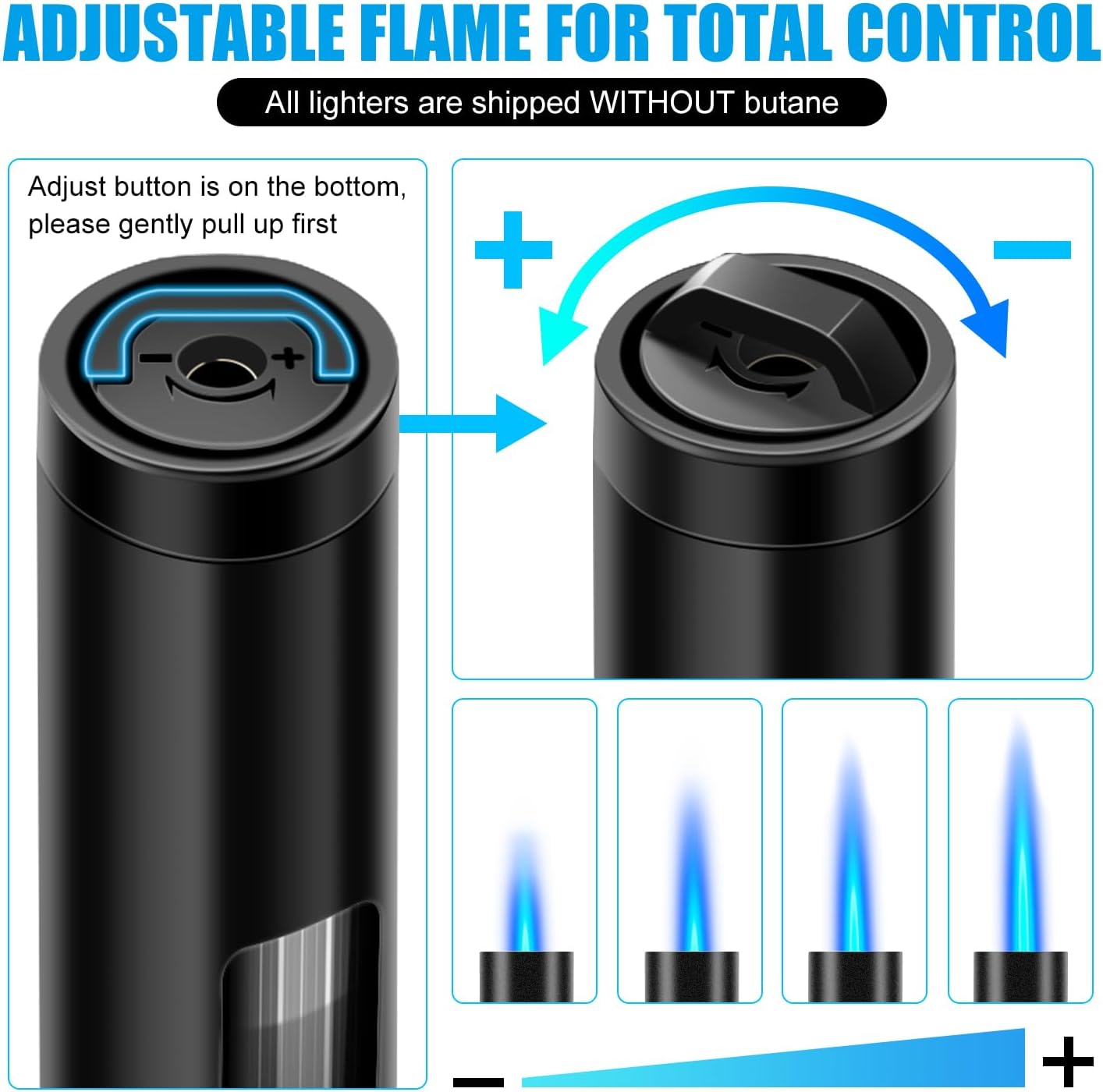 LcFun 2 Pack Torch Lighters Refillable Butane Lighter with Visible Fuel Window, Windproof Adjustable Jet Flame Long Lighters Matches for Candle, Grill, BBQ, Camping, Fireworks (Butane NOT Included)