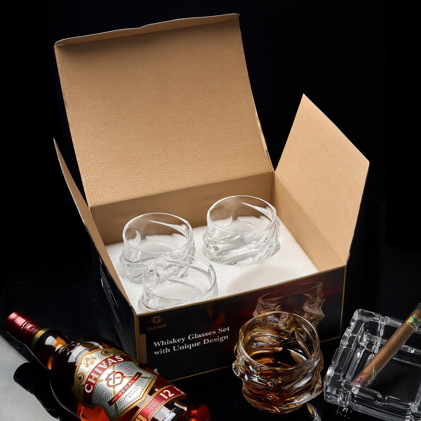 GLASKEY 12 oz Storm Japanese Whiskey Glasses Set of 4, Unique Cognac Glass, Heavy Thick Bottom Bar Glass for Scotch Bourbon Rum Gin Water Cocktail,Gifts Men Gifts Ideas