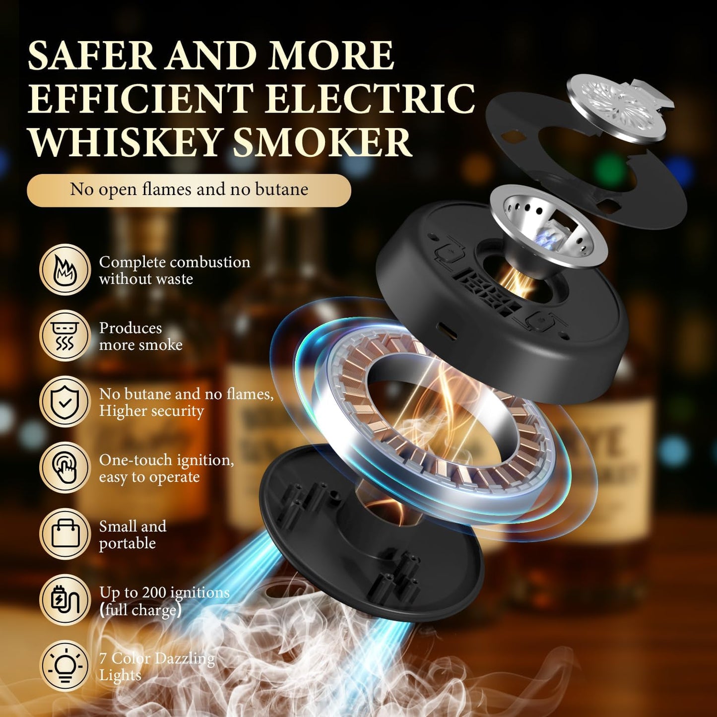 Electric Whiskey Smoker Kit, Torch-Free Rechargeable Cocktail Smoker with 7 Color Lights, Portable Drink Smoker with 10 Wood Chips, Ice Molds & Steel Cubes, Great Gift Idea for Whiskey Lovers