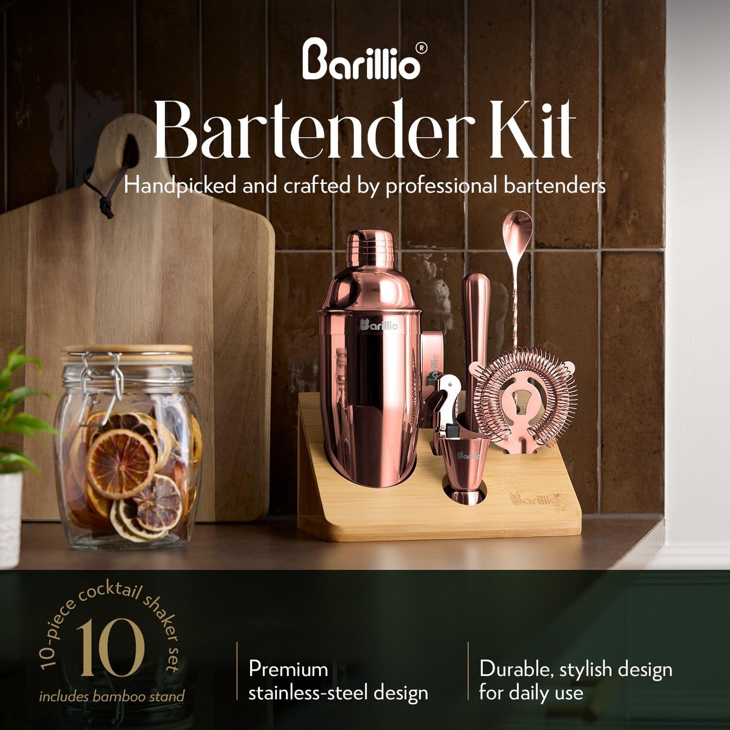 Barillio Rose Gold Bartender Kit - Stainless-Steel Cocktail Shaker Set w/Bamboo Stand - Mixology Bar Tools w/Shaker, Drink Mixer Spoon & Muddler for Cocktails - Home Bar Accessories - 10-Pc Bar Set