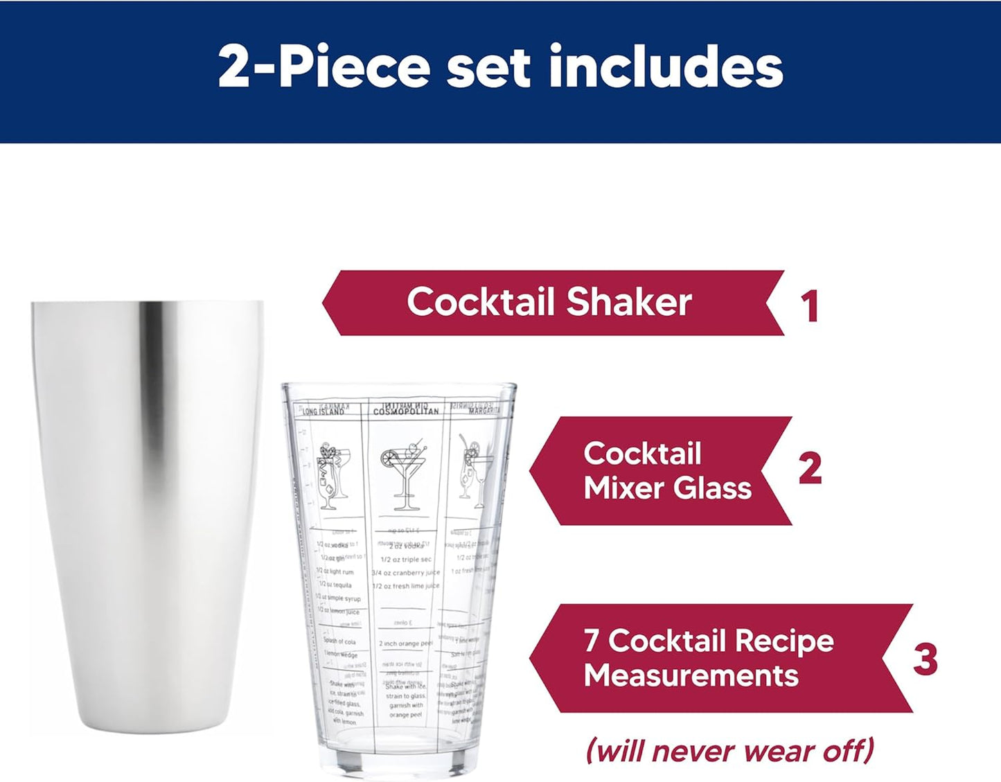 HIC Kitchen Bar Boston Cocktail Shaker and Mixer Glass Set with 7 Printed Recipes, 18/8 Stainless Steel and Borosilicate Glass
