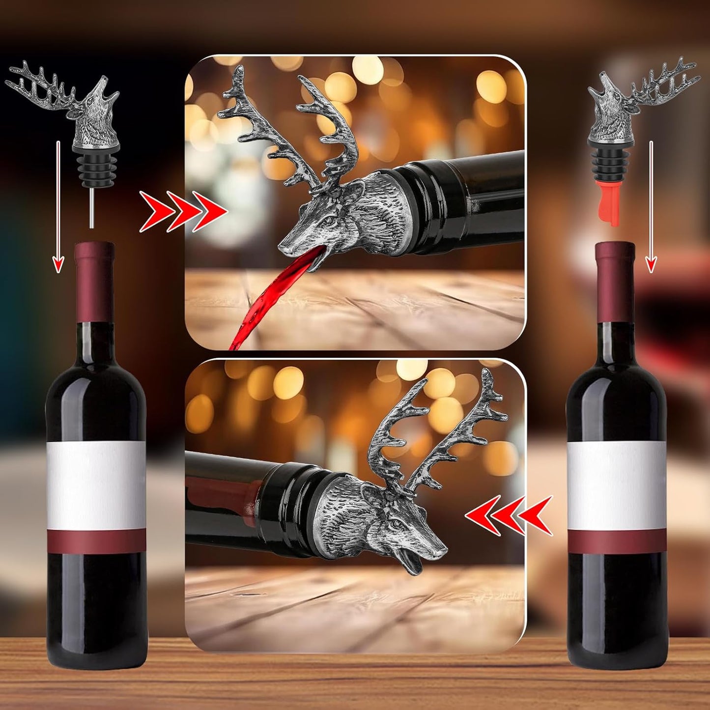 Deer Head Liquor Pourers Spout, Deer Wine Bottle Pourer and Stopper for Wine Spirits, Stag Gifts Birthday Gifts Hunting Gifts for Hunters Men Women, Silver