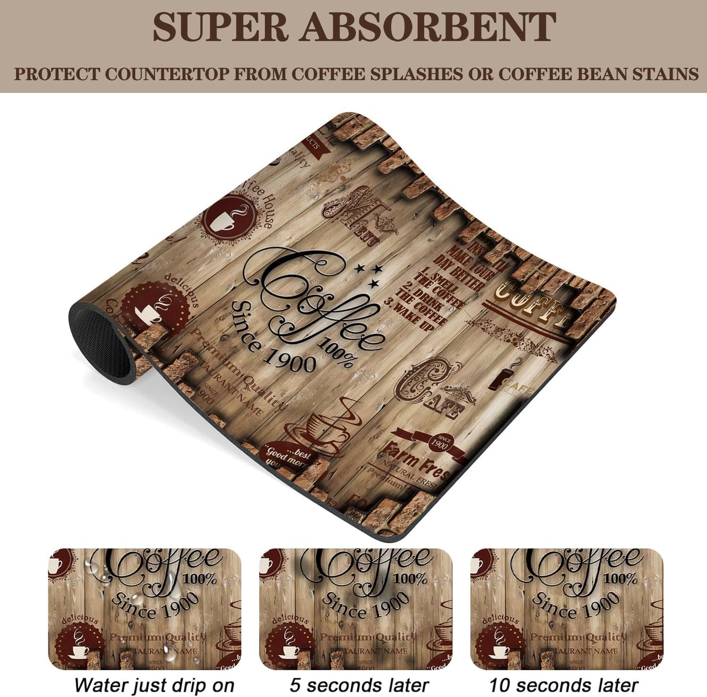 Absorbent Coffee Bar Mat for Espresso Machine Countertops - Rubber Backed Draining Pad - Fit Under Coffee Maker - 20x12in