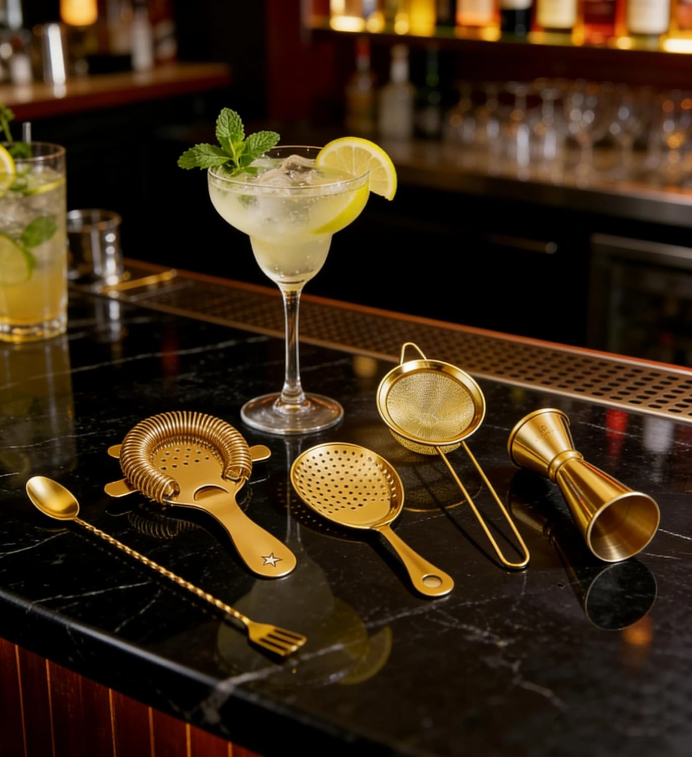 Homestia Cocktail Strainer Set, 5 Piece Gold Stainless Steel Bar Tools - Hawthorne Julep Strainer, Fine Mesh Strainer, Jigger and Spoon for Bartender Professional Drink Mixing Kit