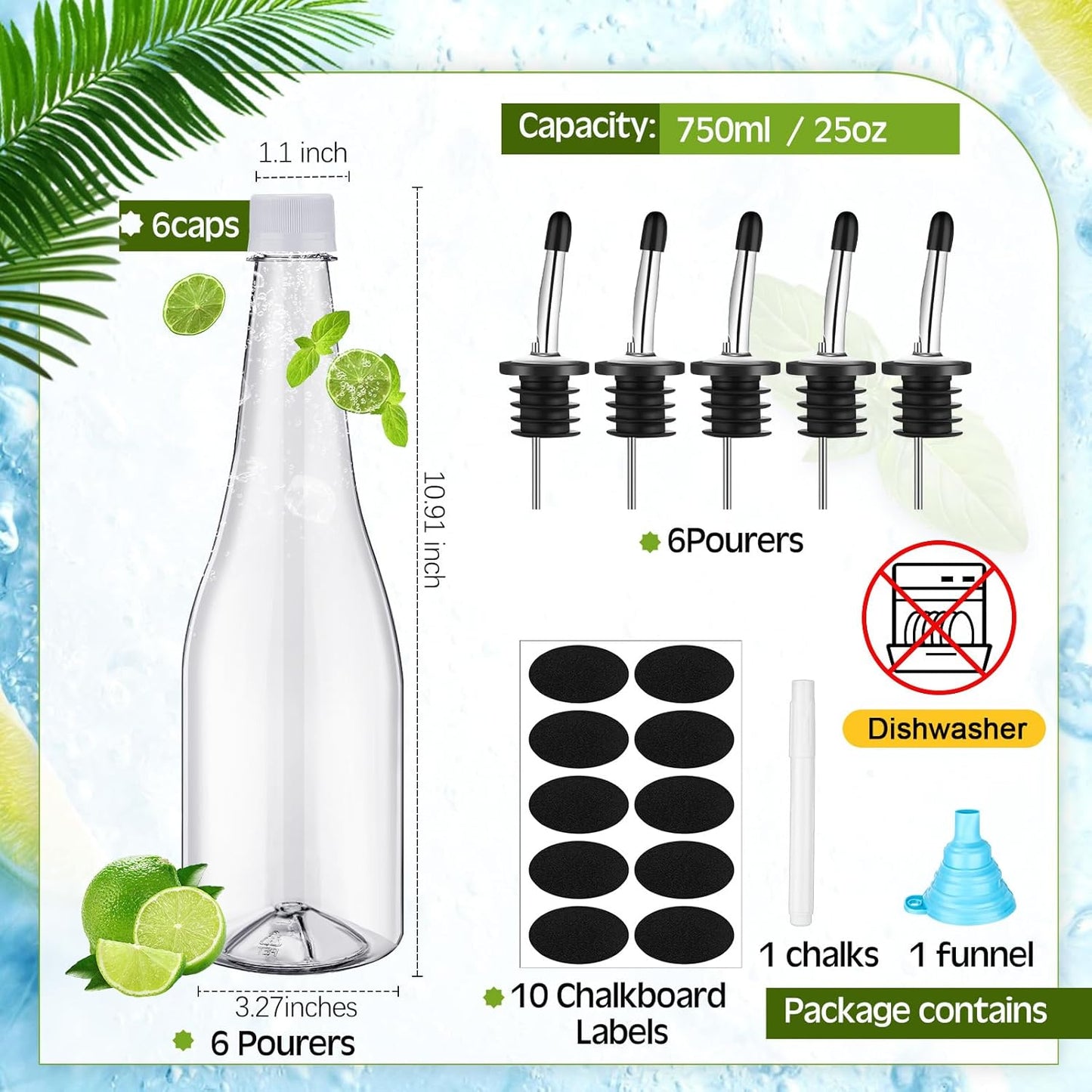 Dandat 6 Set 25 oz Plastic Long Neck Bottles with Pourer and Caps Plastic Juice Pour Bottles with Stainless Steel Bottle Pourer Tapered Spout for Liquor Juice Store