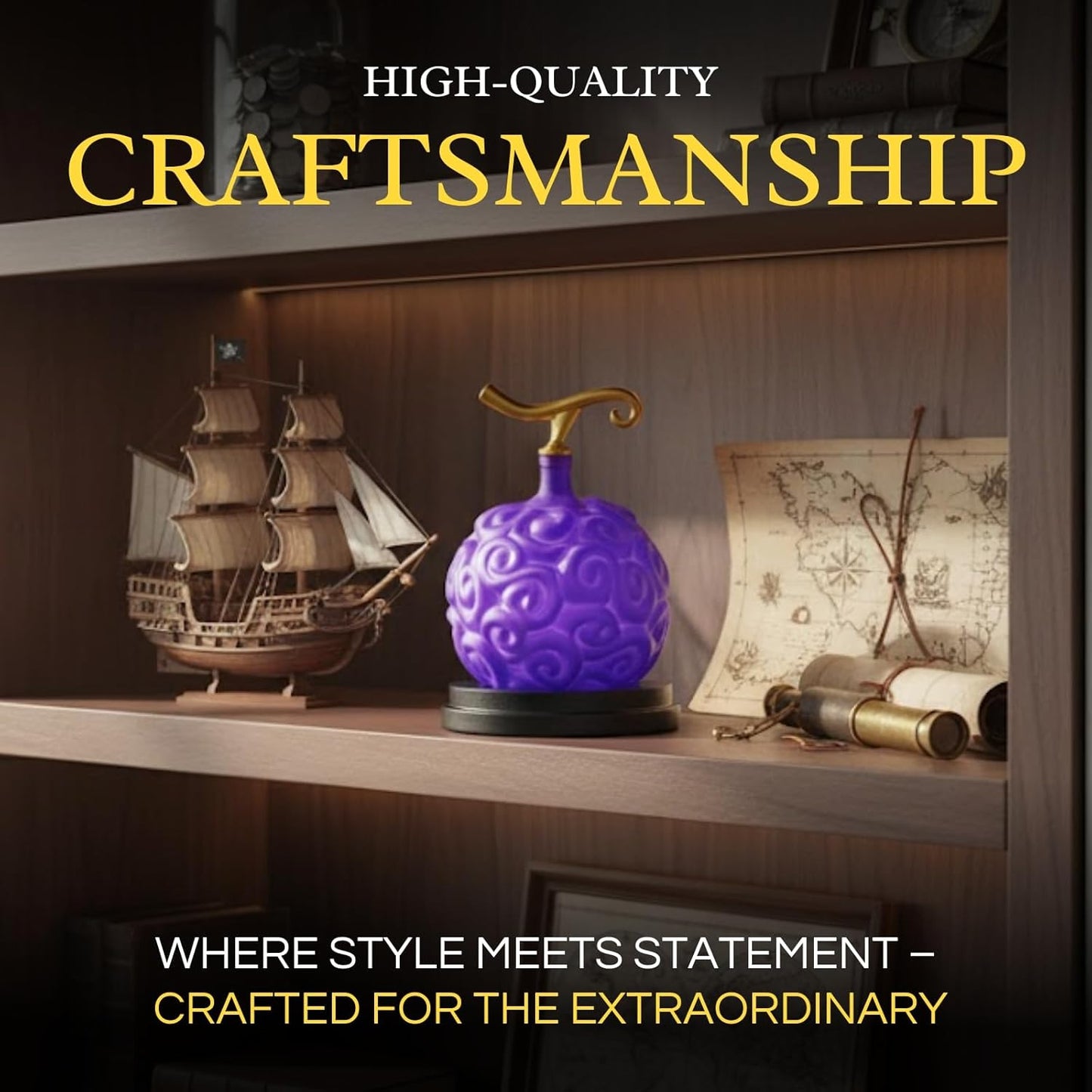 Anime Devil Fruit Decanter – Handcrafted Crystal Liquor Bottle, Mahogany Base | Home Bar Collectible Display | 34oz | Purple & Gold Fantasy Inspired Design, Whiskey Decanter Gifts Sets for Men