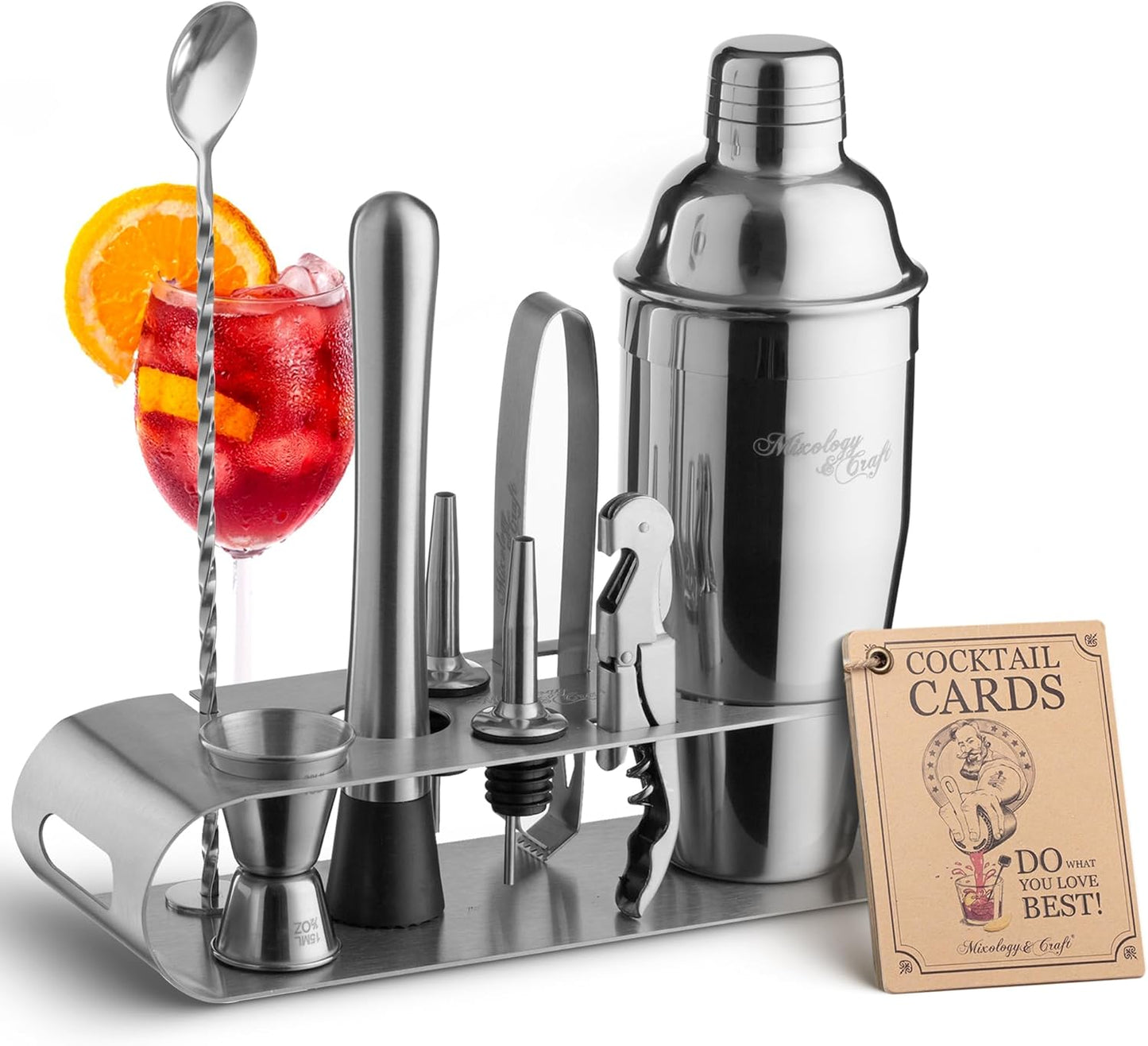 Mixology & Craft 9-Piece Cocktail Shaker Set with Sleek Metal Stand - 24oz Stainless Steel Bartender Kit - Professional Bar Tools: Built-in Strainer, Jigger, Muddler, Tongs, Spoon & Recipe Cards