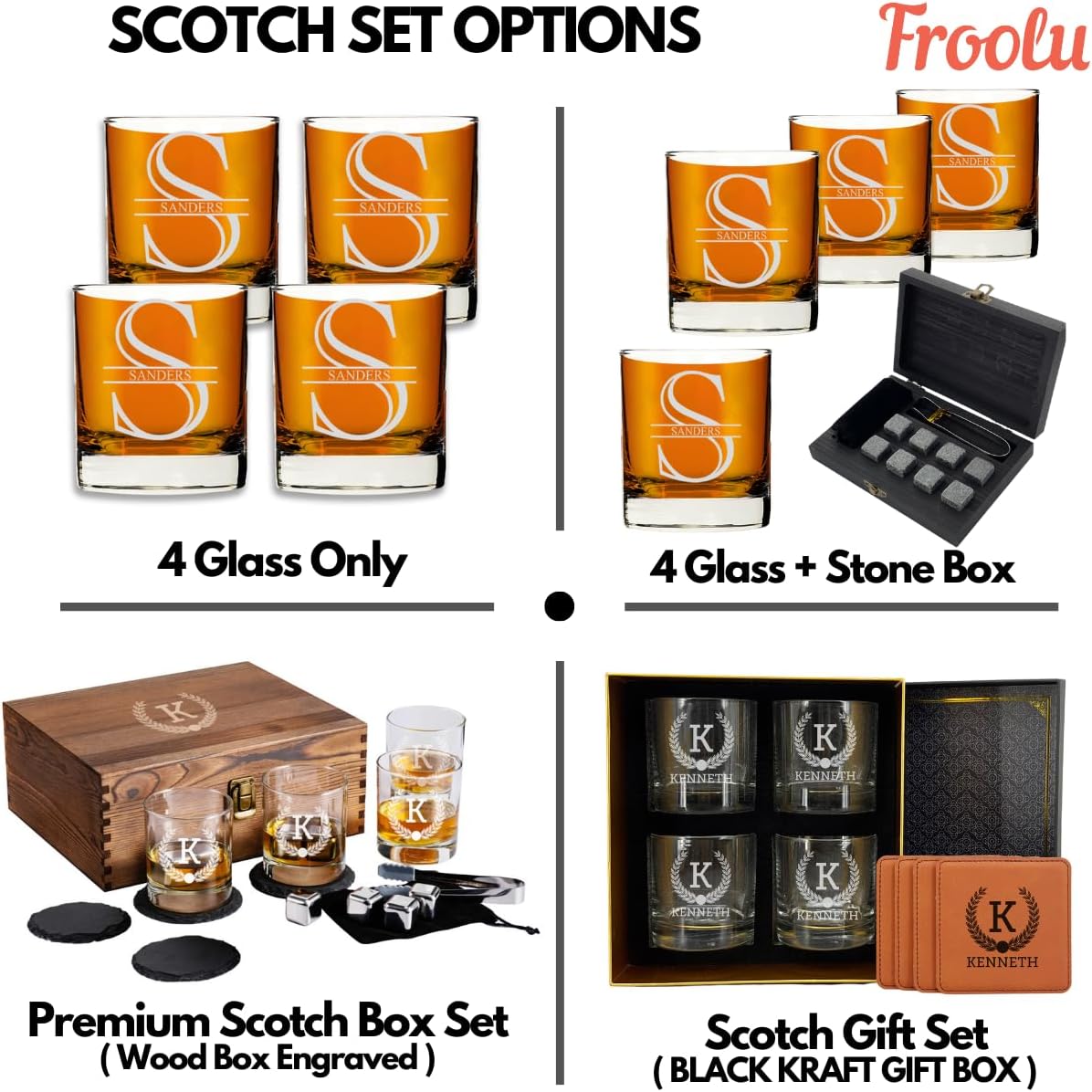 Froolu Customized Whiskey Gifts for Men - Personalized Scotch Glass Gift Set with Box - Engraved Wisky Rocks Glasses for Boyfriend, Husband, Dad - Valentine's, Birthday, Anniversary, Christmas.