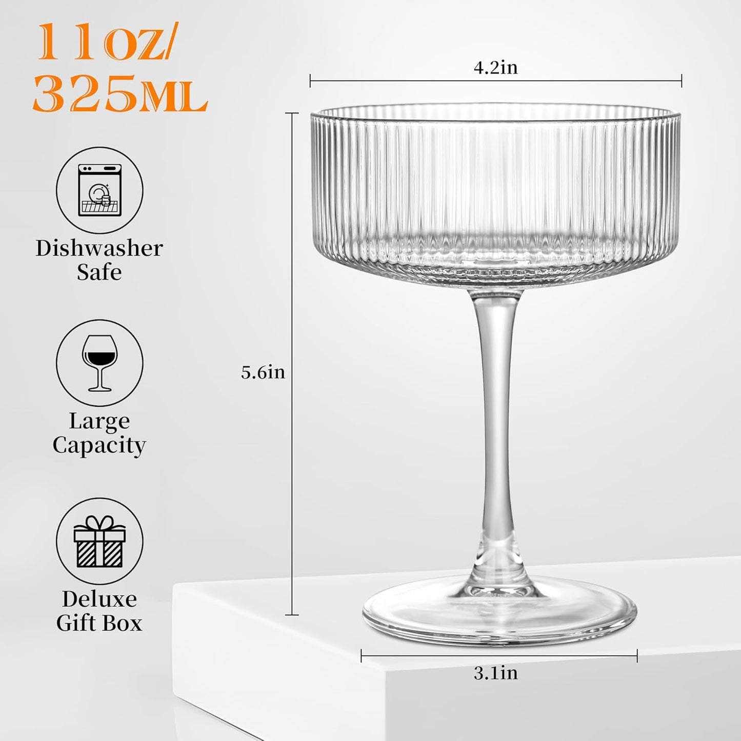 Amyoole Vintage Ribbed Coupe Glasses Set of 6-11oz Clear 100% Crystal Martini Glasses Elegant Cocktail Glasses, Transparent Glassware for Champagne, Margaritas, Espresso with a Rose Ice Mold