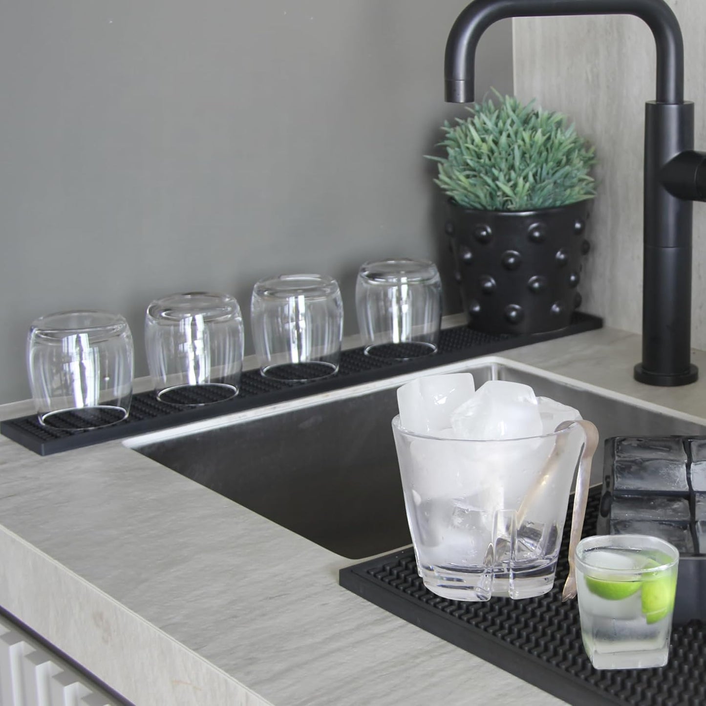 Rubber Bar Mat – Non-Slip Spill & Drip Mat for Bartending, Coffee Bar & Kitchen Countertop, Thick Durable Counter Protector & Stylish Drying Mat (Total Black, Runner 23.6" x 3.1")