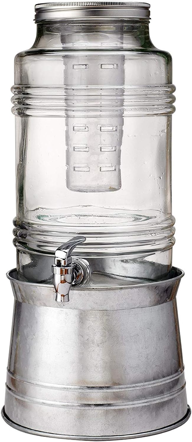 Circleware Breeze Glass Beverage Dispenser with Base Metal Stand Transforms to Ice Bucket, Lid, Fruit Infuser and Ice Insert, Entertainment Kitchen Drinking Glassware, Party, Huge 2.4 Gallons