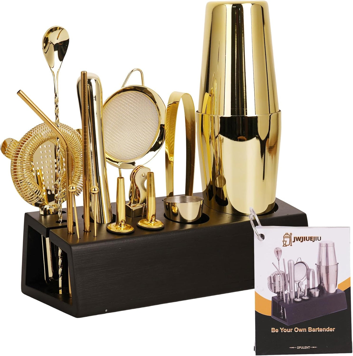 Cocktail Shaker Set Bartender Kit with Bamboo Stand, 15-Piece Stainless Steel Bar Set Accessories, Professional Bartending Kit Home Bar Tools Set with Recipes (Matte Black, Natural Wood Stand) - Gold / Black Stand