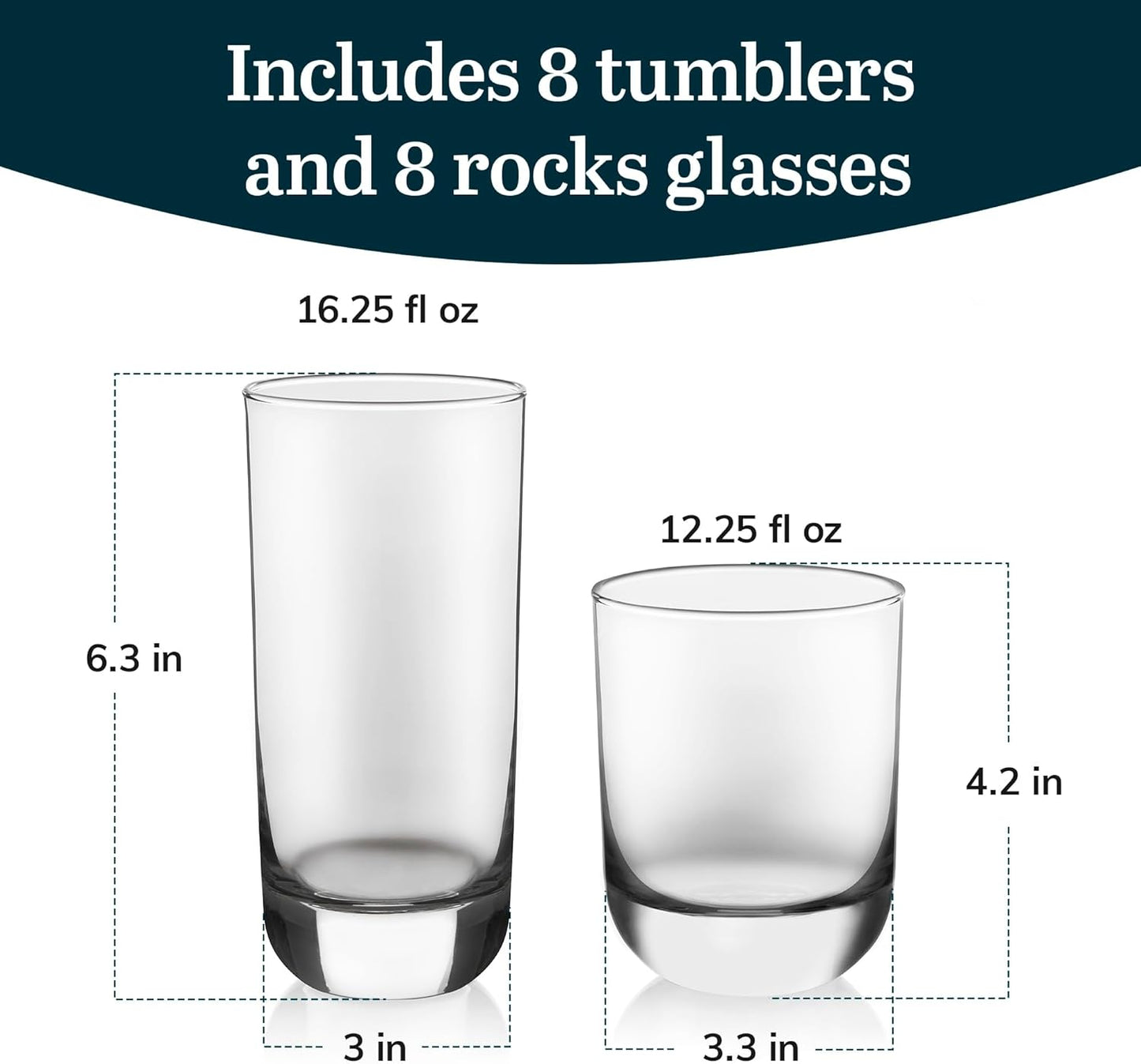 Libbey Drinking Glasses Polaris Tumbler and Rocks Set of 16, Clear, Sturdy Drinkware Glasses Set, Kitchen Glassware for Cocktails, Soda, and More