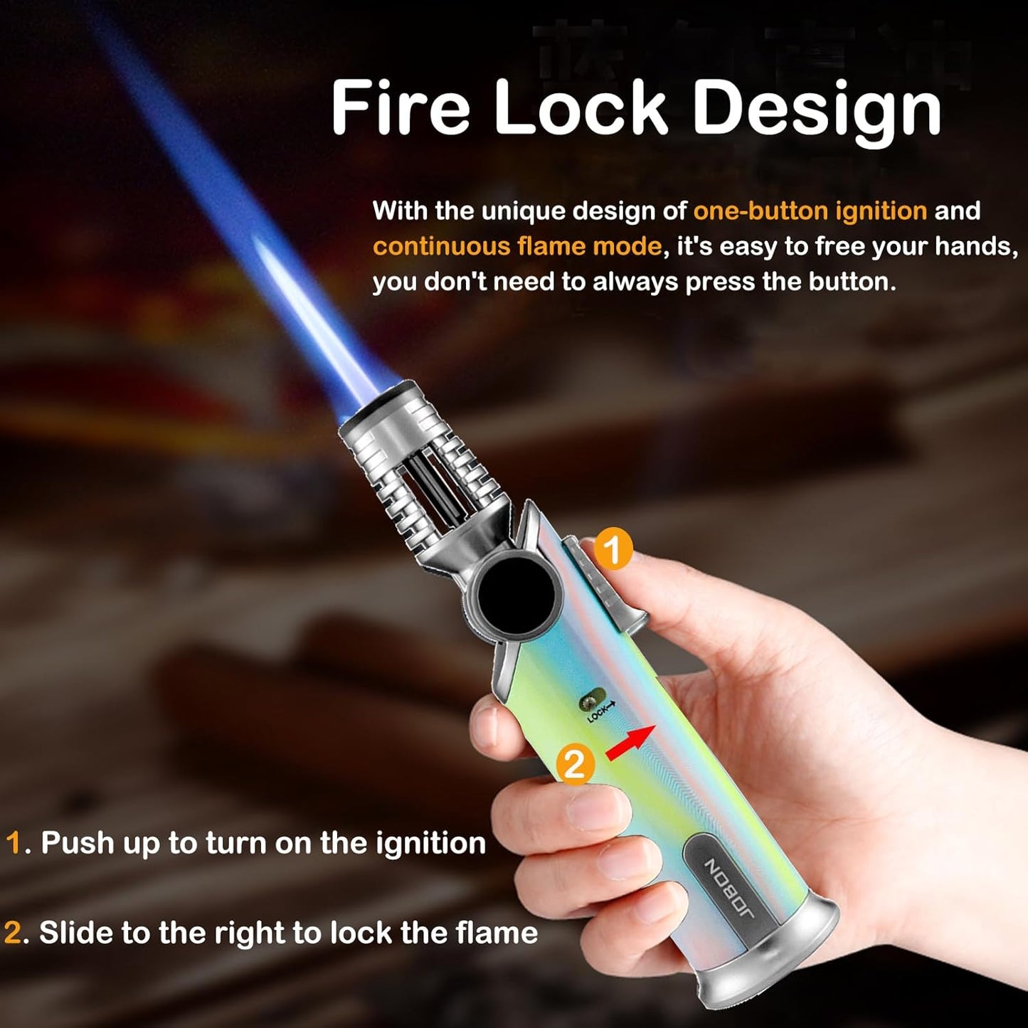 DOUBFIVSY Butane Torch Lighter, 60° Rotatable Refillable Kitchen Cooking Torch Windproof Adjustable Flame Lighter with Fire Lock for Baking Creme Brulee BBQ, Butane is Not Included (Colorful)