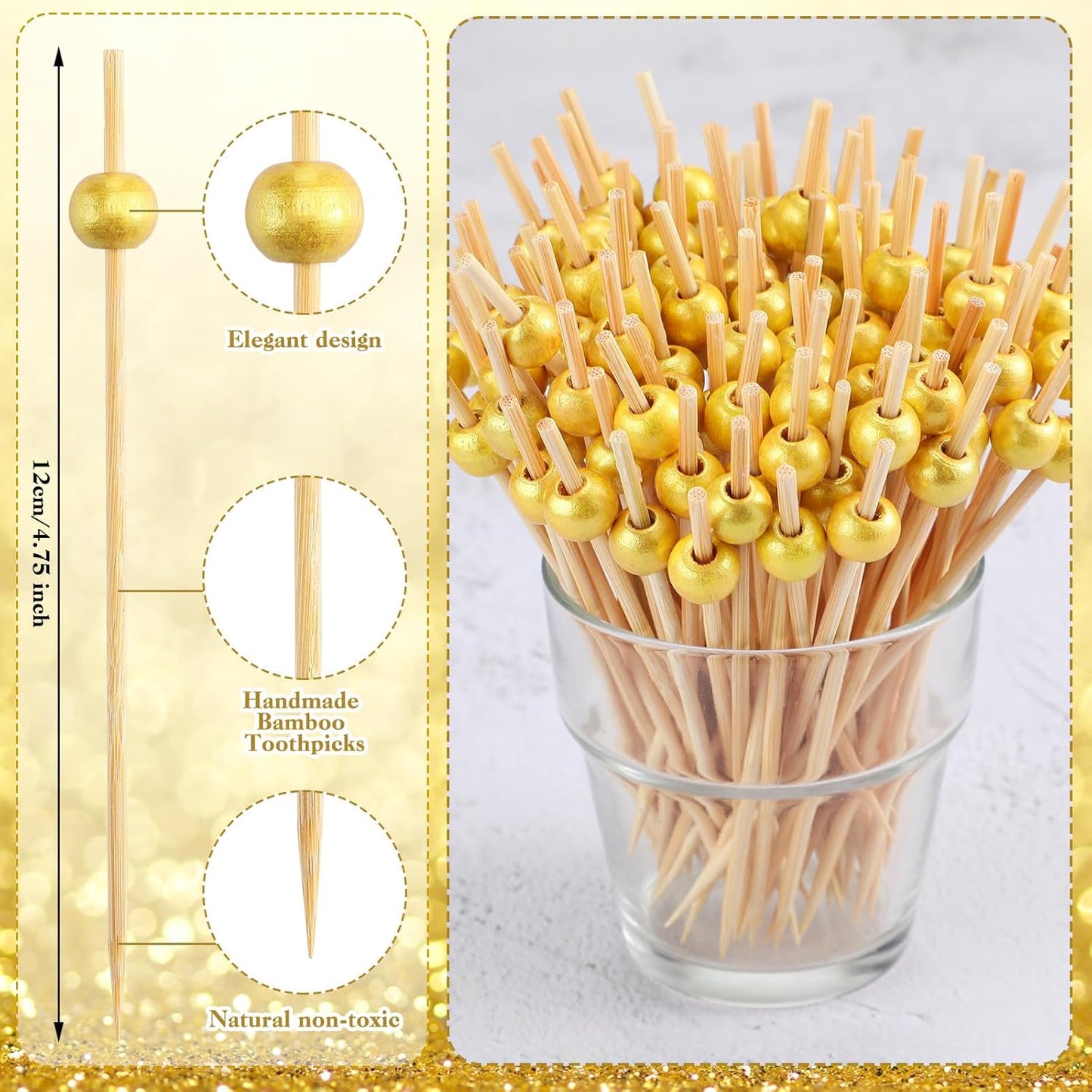 FillTouch 112 Pcs Summer Gold Dinnerware Set Include 6 Disposable Rectangle Serving Trays with Gold Rim 6 Small Sugar Tongs 100 Pearl Bamboo Cocktail Toothpicks for Wedding Party Table Appetizer